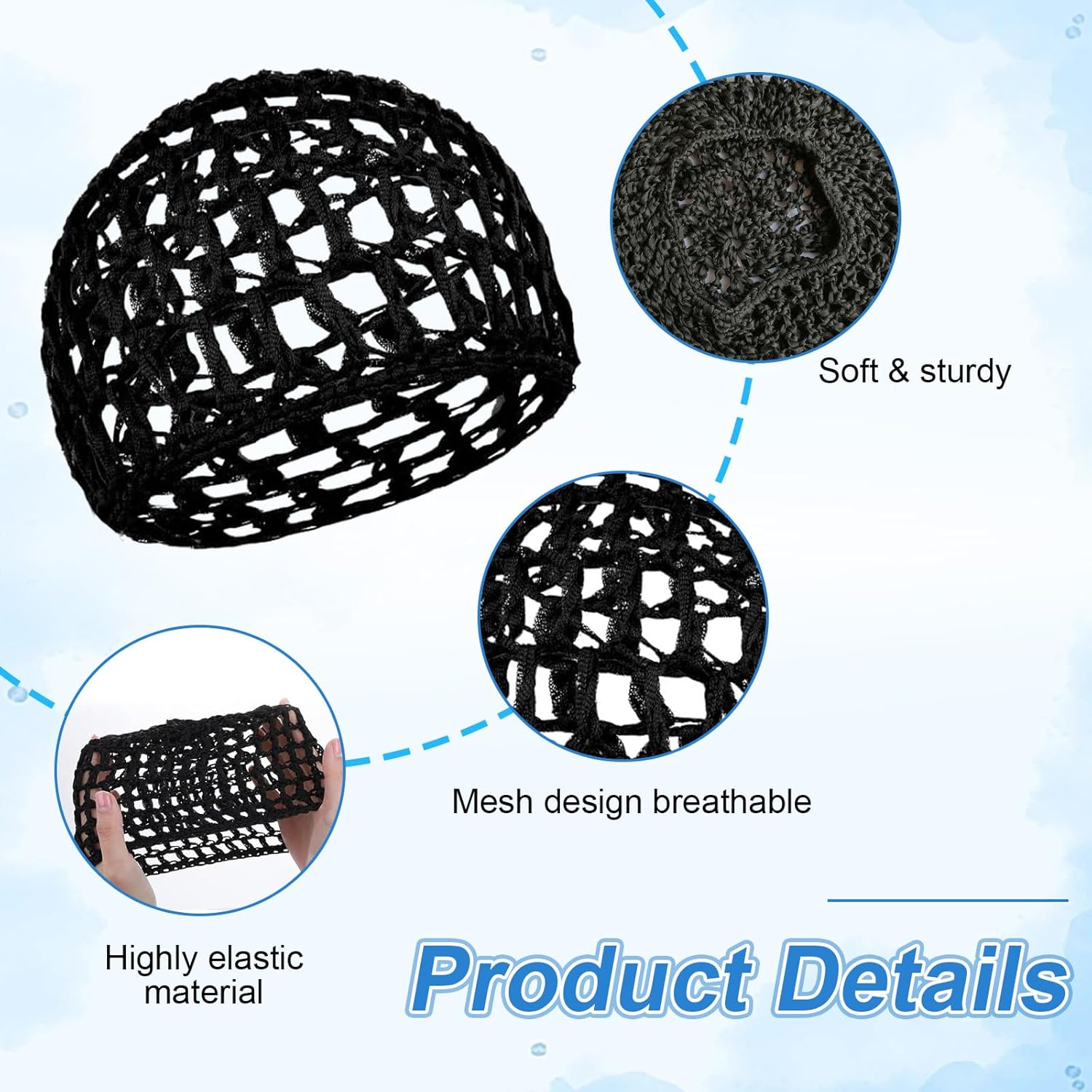 2 PCS Hair Nets for Sleeping,Crochet Mesh Wrap Caps for Silk Press, Curly Hair & Wig Protection,Soft Reusable Bonnets for Women, Lift Strap Weaving Sew for Women Ballet,Black image number 5