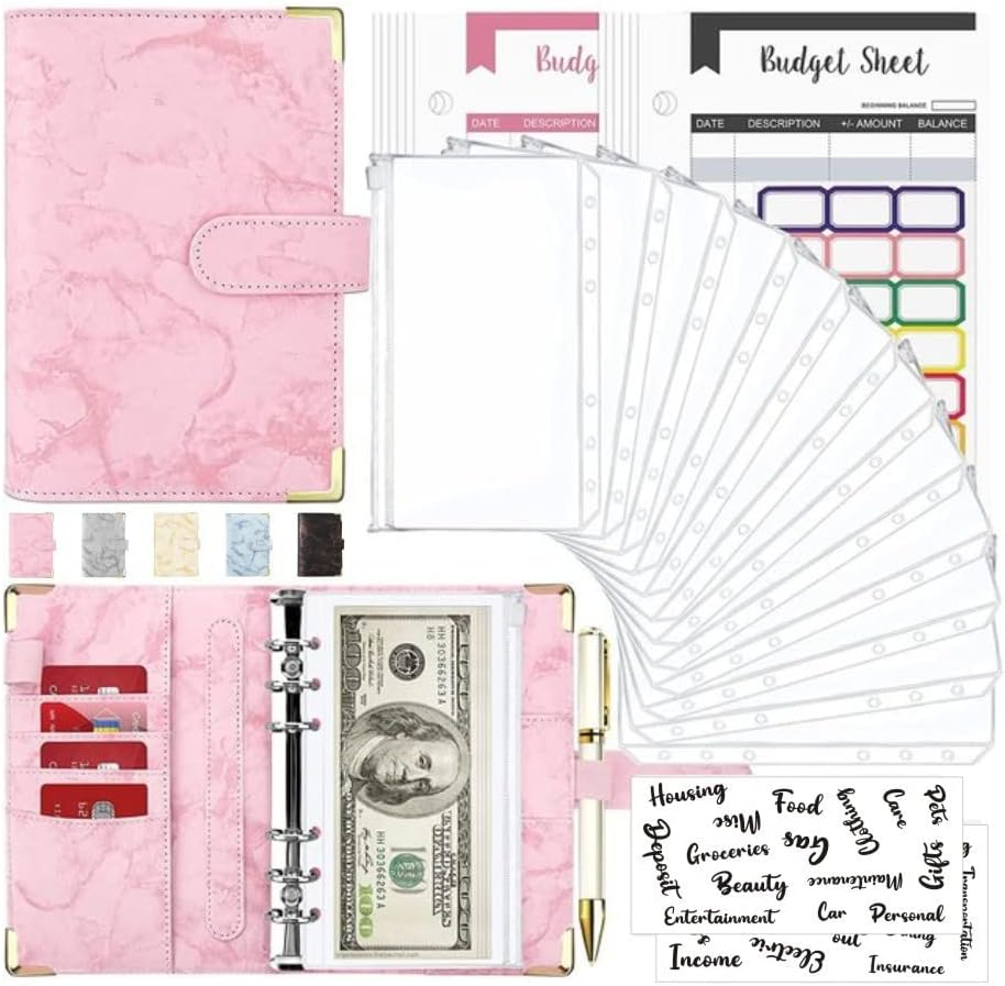 Budget Binder, Cash Envelopes for Budgeting, Money Organizer for Cash, 12Pcs Budget Binder with Cash Envelopes, Marble 6-Ring Money Saving Binder(Pink) image number 5