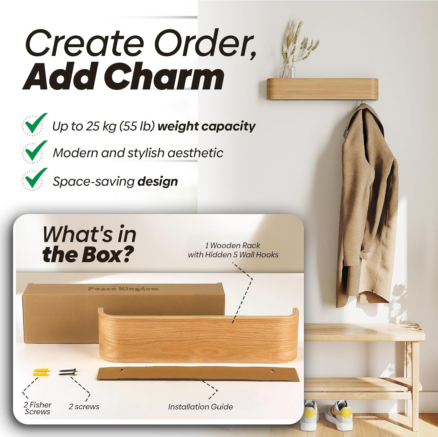 PEACE KINGDOM Wall-Mounted Wooden Coat Rack with Shelf, 50 Cm Modern Design Entryway Hat Towel Robes Coat Hanger with Hidden Metal Wall Hooks for Office, Bathroom, Living Room and Bedroom (Oak) - Walnut image number 7