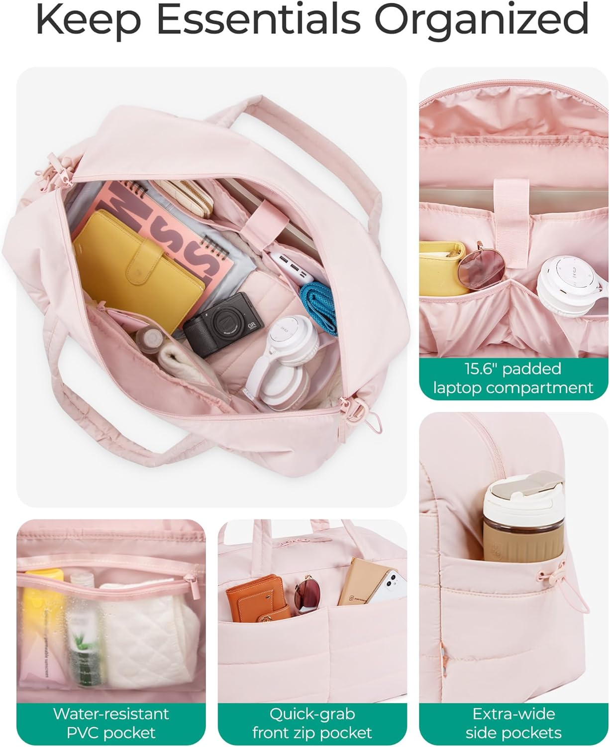 BAGSMART Gym Bag for Women with Toiletry Pouch, 31L Quilted Travel Duffle Carry on Bagwith Wet Pocket, Weekender Overnight Bag for Travel,Water Resistant, Pink