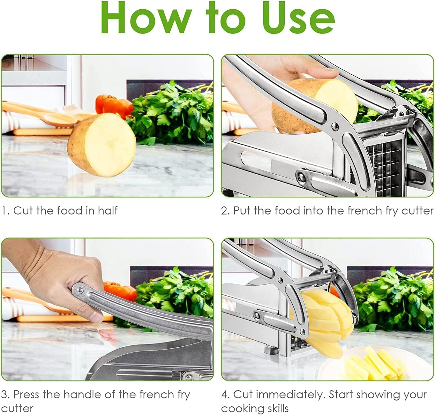 French Fry Cutter with 2 Blades,Potato Chipper, Stainless Steel Vegetable Potato Cutter Chips Cutting Machine with Non-Slip Feet Kitchen Tool Accessories for Carrots Vegetables Fruits image number 4