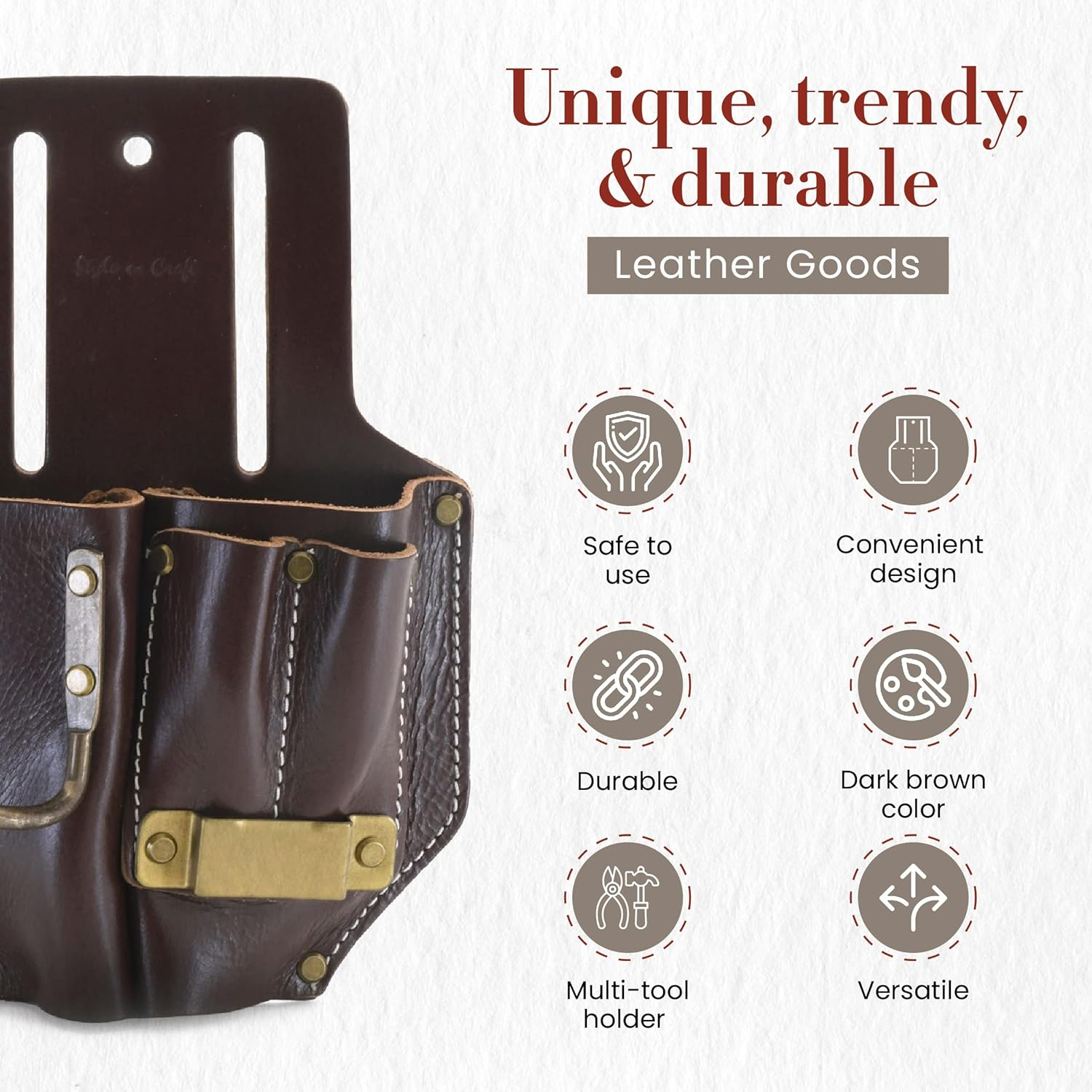 Style N Craft 4 Pocket Pliers, Hammer, Pencils & Tape Holder, Full-Grain Leather Tool Pouch, Multi Tool Holder, Dark Tan (#98017) image number 5