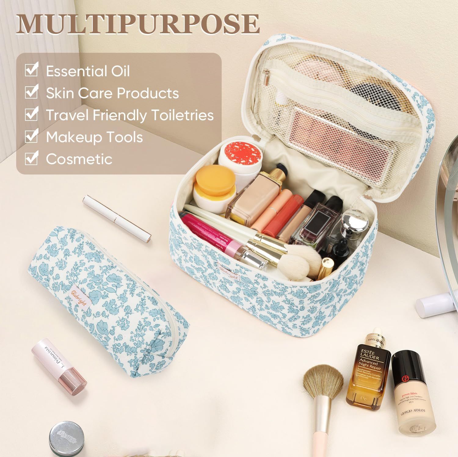 Globright 3 Pieces Makeup Bag Large Checkered Cosmetic Bag, Cotton Make up Bag Travel Toiletry Bag for Mom Girlfriend Wife Women, Floral, Morden