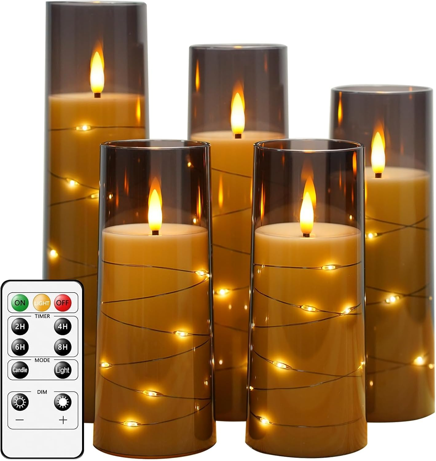 Flickering Flameless Candles: Built-In Star String Lights Unbreakable 3D Wick Acrylic Battery Operated LED Pillar Candles with Remote (White, 4" 5" 6")