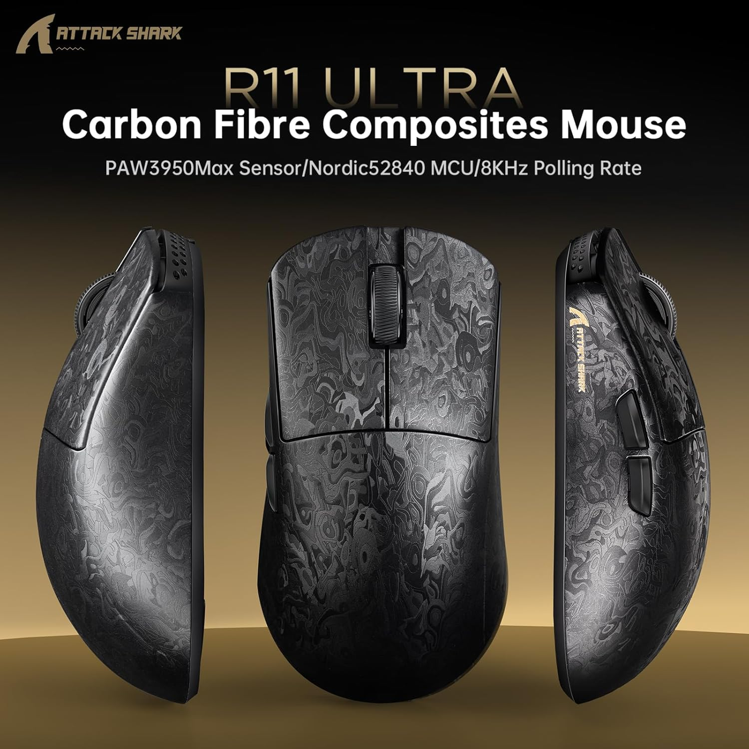 ATTACK SHARK R11 Ultra 8K Carbon Fiber Wireless Gaming Mouse with 42000DPI-PAW3950 MAX Sensor-49G Lightweight,Nordic 52840 MCU Chip,Wired/Bt/2.4Ghz Programmable,Rgb Coiled Cable for Pc(Black Ink+Tape) image number 4