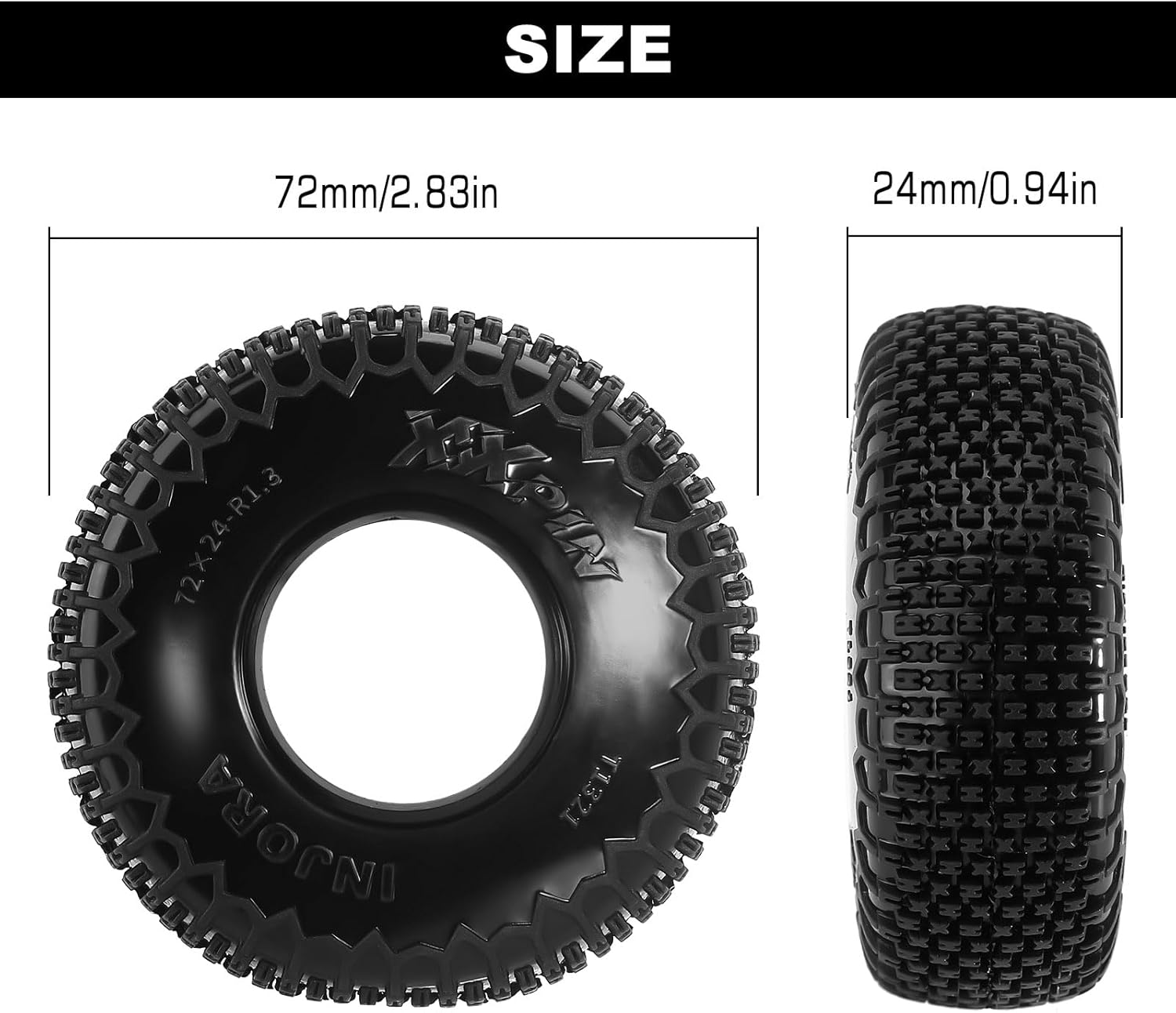 INJORA 1.3 Inch XHX Pen Tyres for Trx4M SCX24, 72 X 24 Mm, S5 Compound, Pack of 4 image number 1