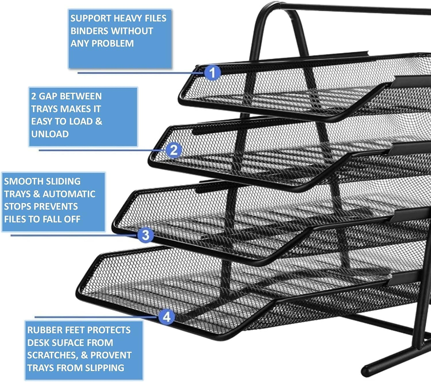 4-Tier Stackable Office Letter Organizer, Desk Tray, Metal Mesh File Storage, Desktop Organizer 12" L X 13.75" W X 12.5" H, (Black) image number 5