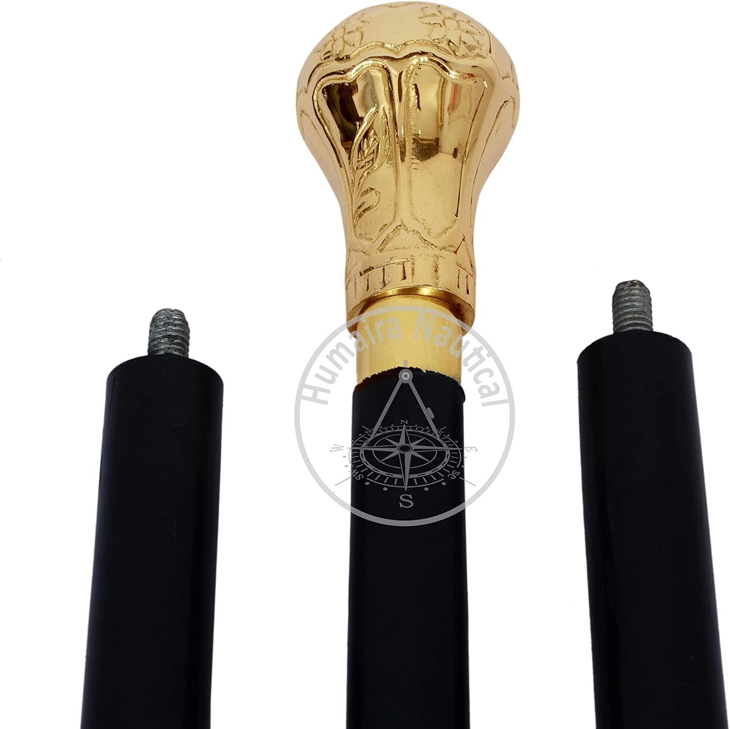 Humaira Nautical Handmade Brass Knob Walking Stick, Wooden Cane with Black Finish Gold Handle 37 Inch Cane for Men and Women image number 4