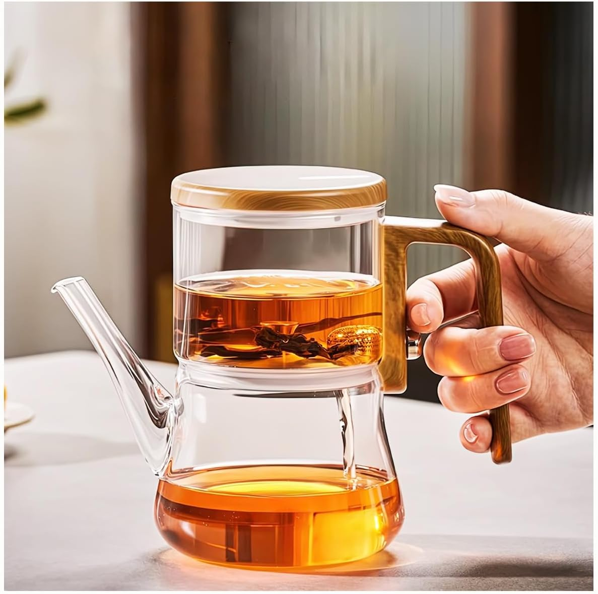 Borosilicate Clear Tea Pot, 1000Ml (33.8Oz) Glass Teapot Kettle with 2 Type Removable Infuser and Wooden Lid, Gas & Electric Stovetop Safe, for Blooming Flower Tea and Loose Leaf Tea