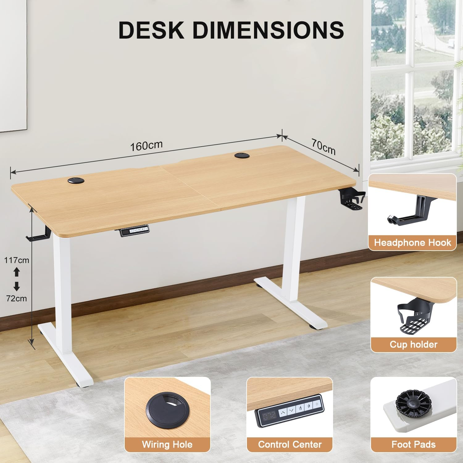 Height Adjustable Electric Standing Desk,160 X 70Cm Splice-Piece Board,Rising Home Office Computer Table with Memory Controller (Burlywood, 160 X 70Cm) image number 1