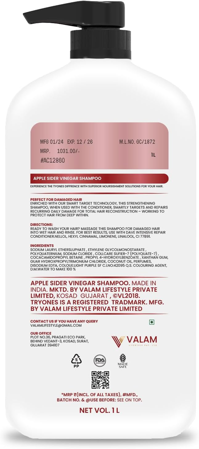 Tryones Apple Cider Vinegar Shampoo with Natural Ingredients Frizz, Scalp Nourishment Shampoo for Hair Fall | No Sulphate No Paraben | for Men & Women &ndash; 1000Ml