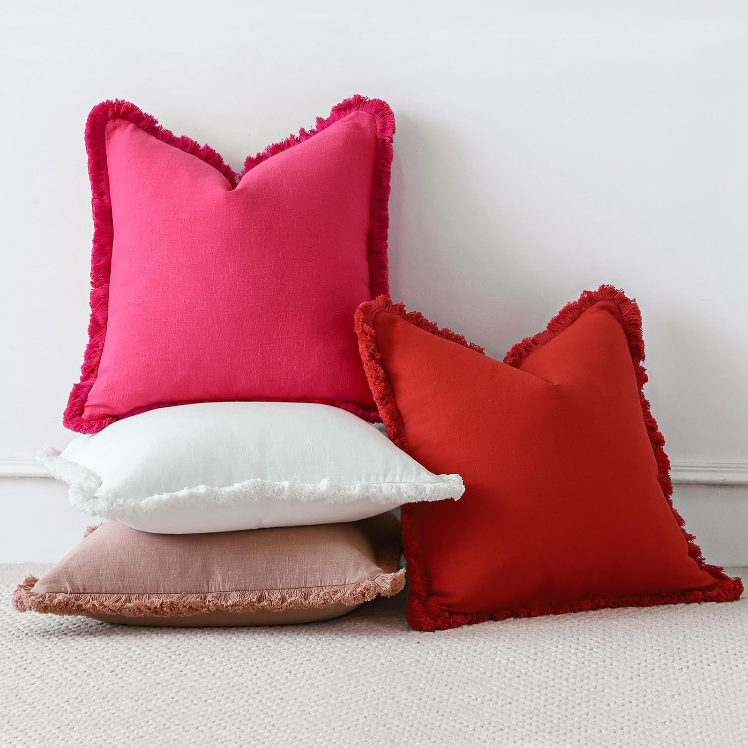 Set of 2 Decorative Fringe Throw Pillow Covers Cozy Boho Farmhouse Cushion Cover with Tassels Soft Accent Pillowcase for Couch Sofa Bed Living Room Home Decor,50Cm&times;50Cm,White - Green image number 7