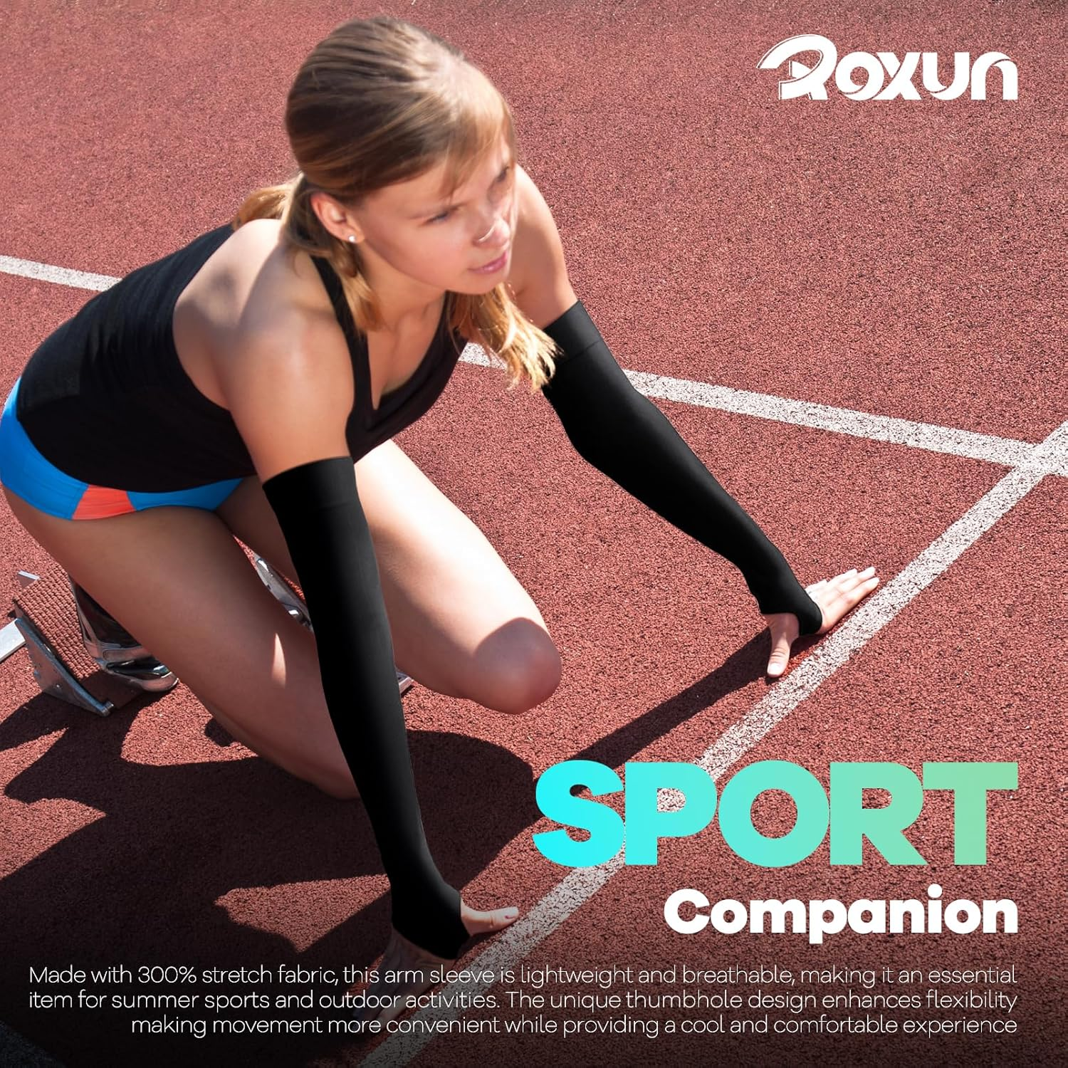 Arm Sleeves with Thumb Hole, UV Sun Protection Cooling Compression Cover Sports for Men/Women - 2 Pairs - Black+Blue image number 7