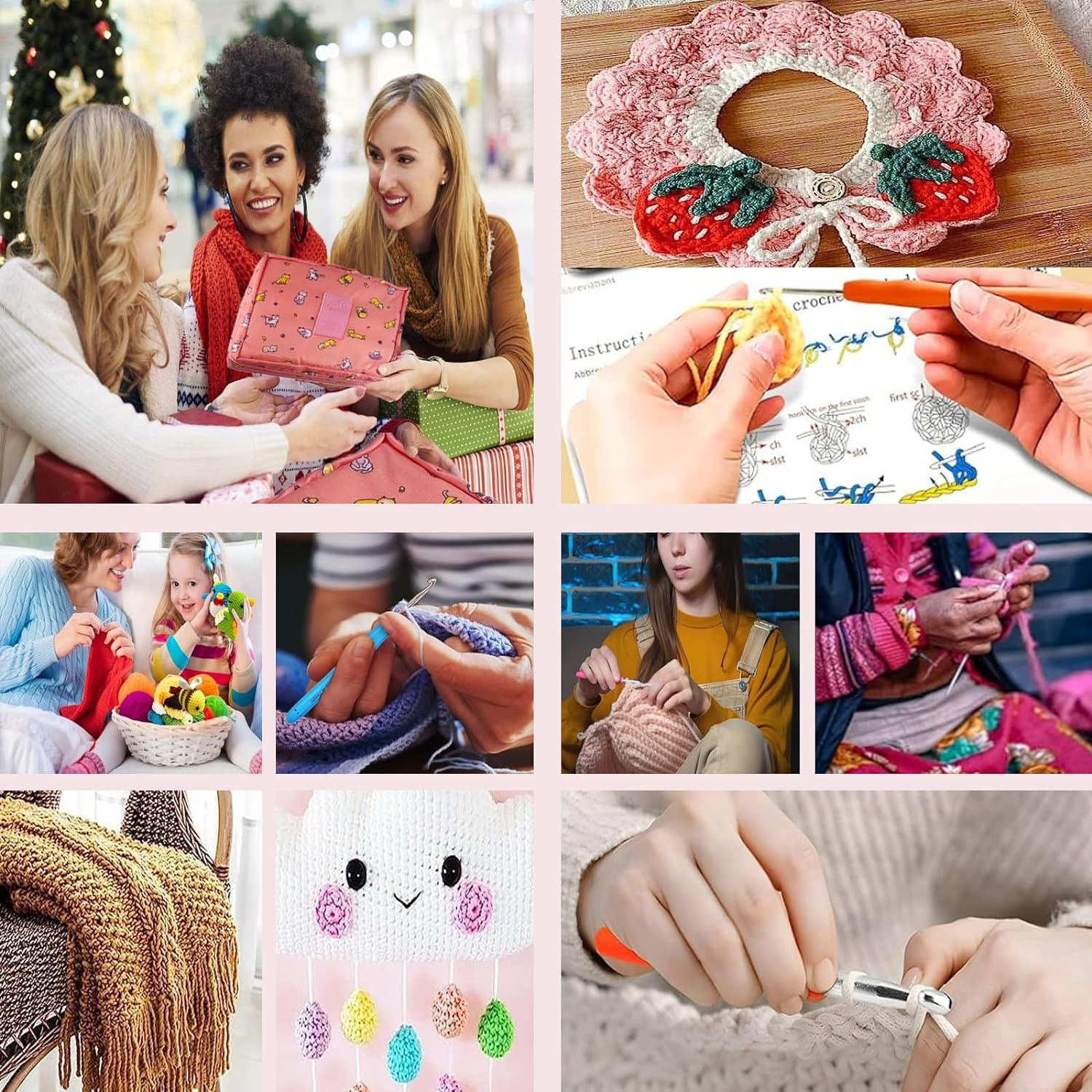 59 Pcs Crochet Hooks Kit Knitting Starter Kit for Adults Ergonomic Crochet Soft Grip Handle Crochet Tools DIY Weave Yarn Kits with Carry Bag Hooks Set for Beginners Adults (Pink) image number 2