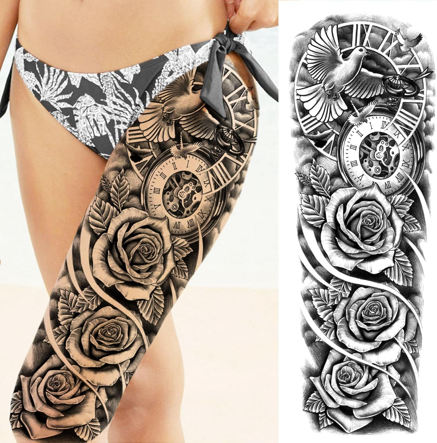 20 Sheets Black Wolf Tiger Lion Full Arm Temporary Tattoos Men Women Adhesive Tattoos Adults Ship Zeus God Rose Flower Half Sleeve Adhesive Tattoos for Sticking, Waterproof Fake Tattoo Stickers image number 6