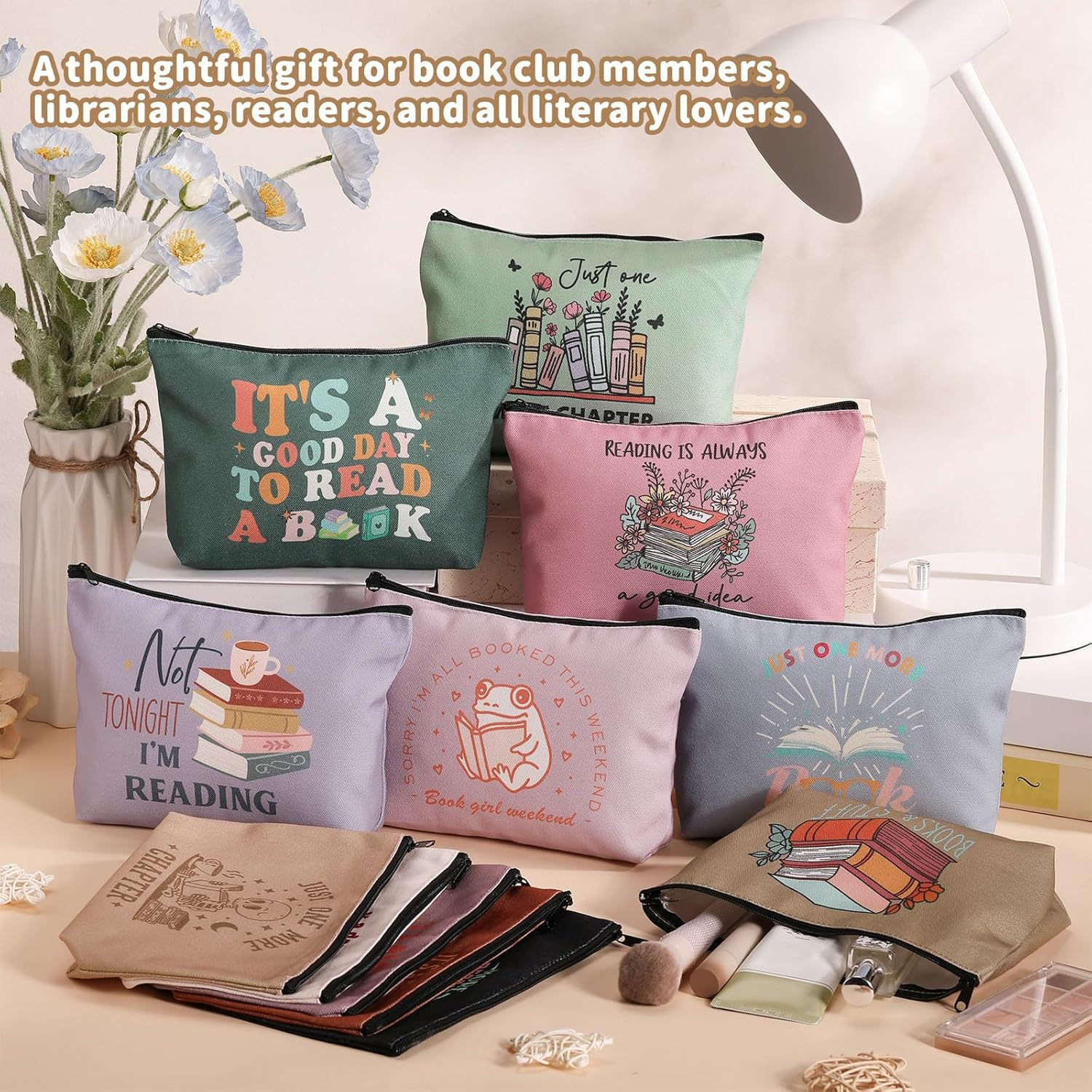 Cosblank 24 Pack Book Lovers Gifts Book Themed Makeup Bags Bulk Cosmetic Pouches Gifts for Reader Librarian Women Christmas Literary Lovers Favors image number 6