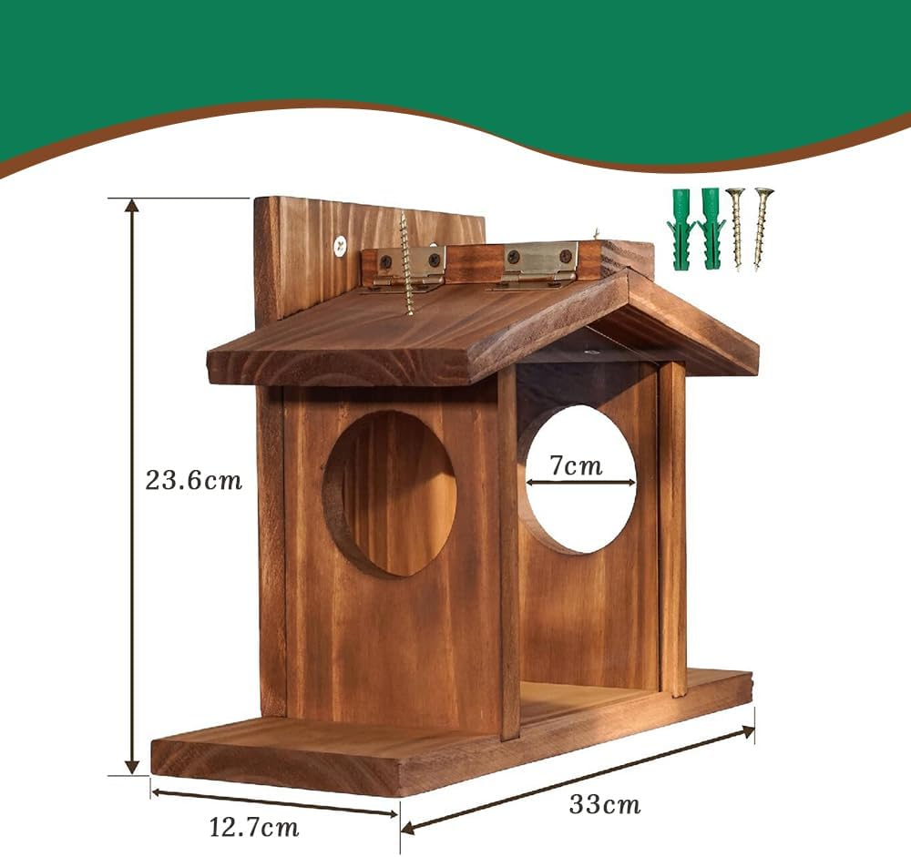 Squirrel Feeder,Wood Squirrel Feeders for outside Winter,Animal Feeder,For Corn, Peanuts, Durable Box, Easy to Fill,Proof, with the Roof Can Be Opened image number 1