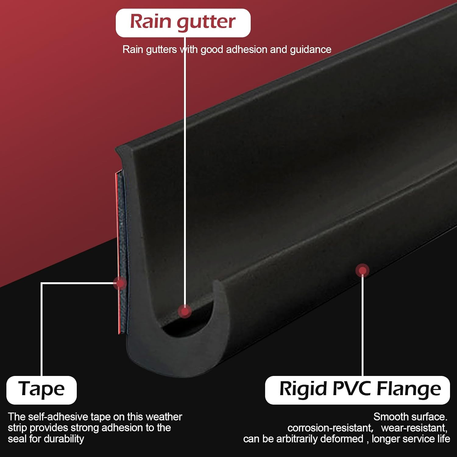 RV Rain Gutter, PVC Rain Gutter Self Adhesive, J Shape RV Rain Gutter for Motorhome Rain Gutter, Plastic Rain Gutters, Roof Rain Diversion Strip for Truck, RV, Boat, Van, Door, Car (Black, 10M) image number 2
