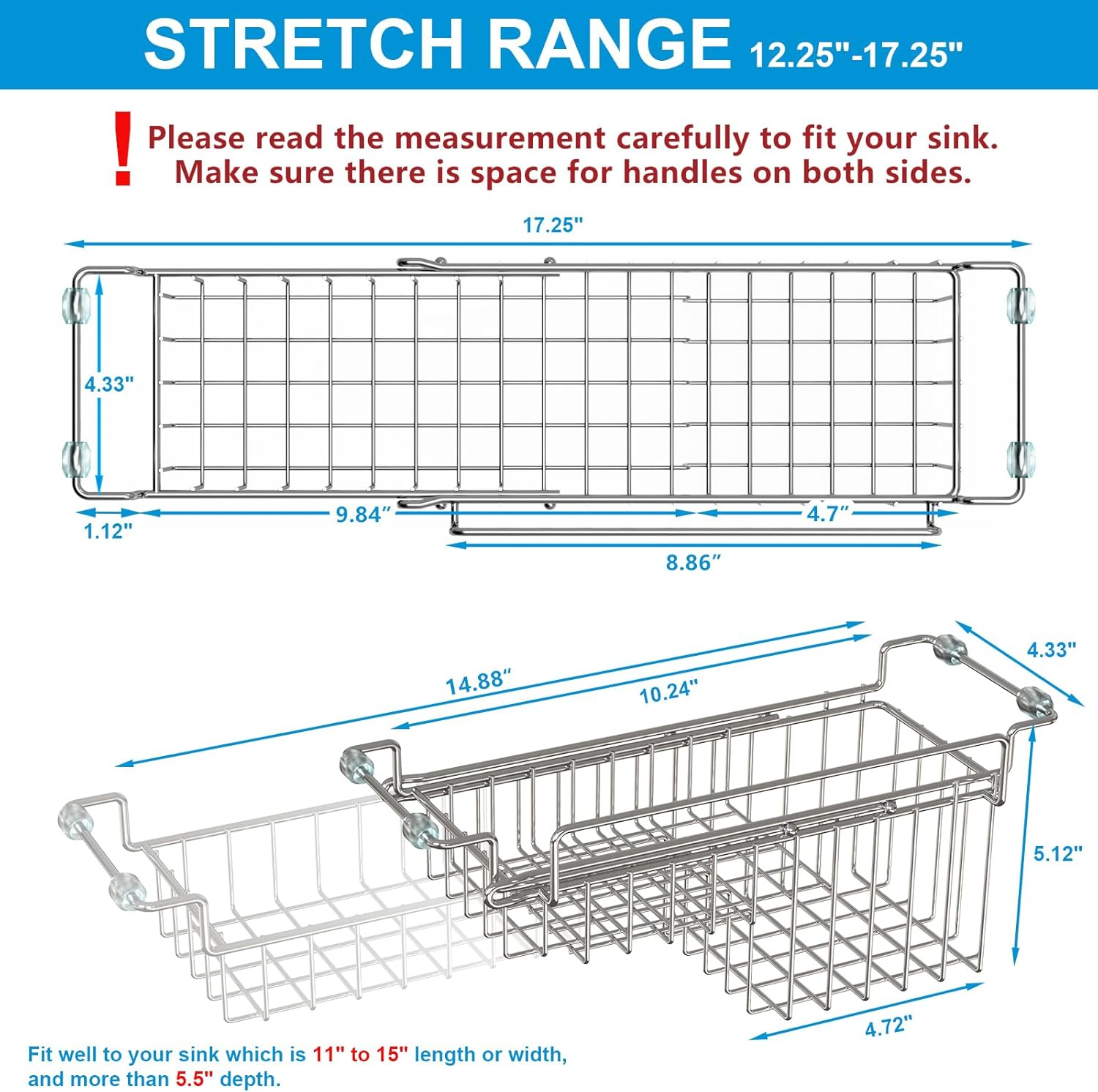 Favothings over the Kitchen Sink Caddy Sponge Holder Organizer Drying Rack Expandable for Sponge Brush Soap Dish Cloth Rag, Stainless Steel (12.25" to 17.25") image number 2