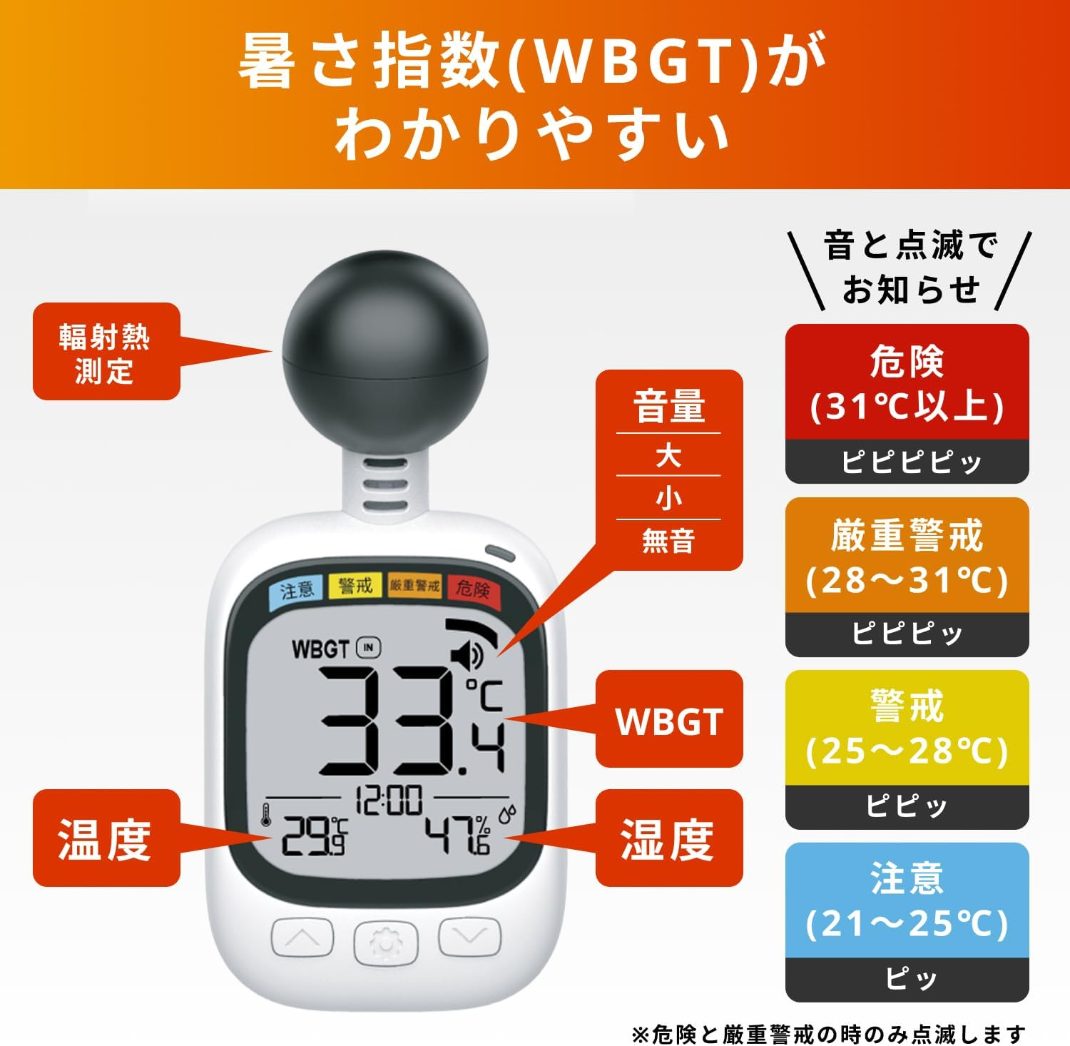 Black Ball Type Heatstroke Index Meter, WBGT Meter, Heatstroke Meter, Temperature and Hygrometer, Clock Display, Alarm Function, Large Screen, Carabiner, Strap, Heat Index, Thermometer, Hygrometer image number 1