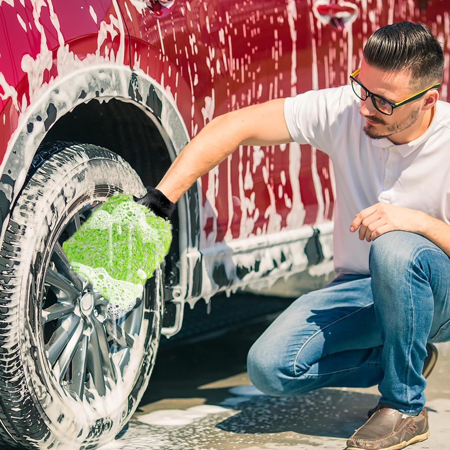 New Car Wash Mitt,Premium Cyclone Microfiber Washing Gloves, Holds Tons of Sudsy Water for Effective Washing, Machine Washable, Lint Free, Scratch Free (Green, 28X20Cm) image number 3