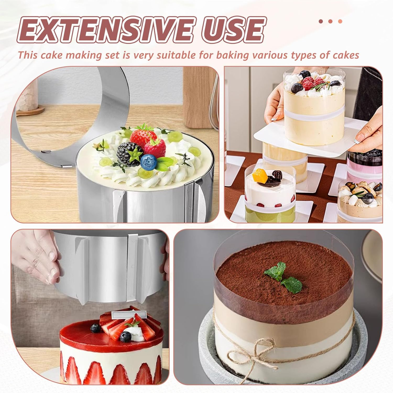 Fwqofvk 6-12 Inch round Cake Ring, Stainless Steel Adjustable Cake Mold Collar Set with Clear Cake Roll, Temperature Resistant Mousse Mold Set, Bakeware Set Tool for Chocolate Fruit Tart image number 3
