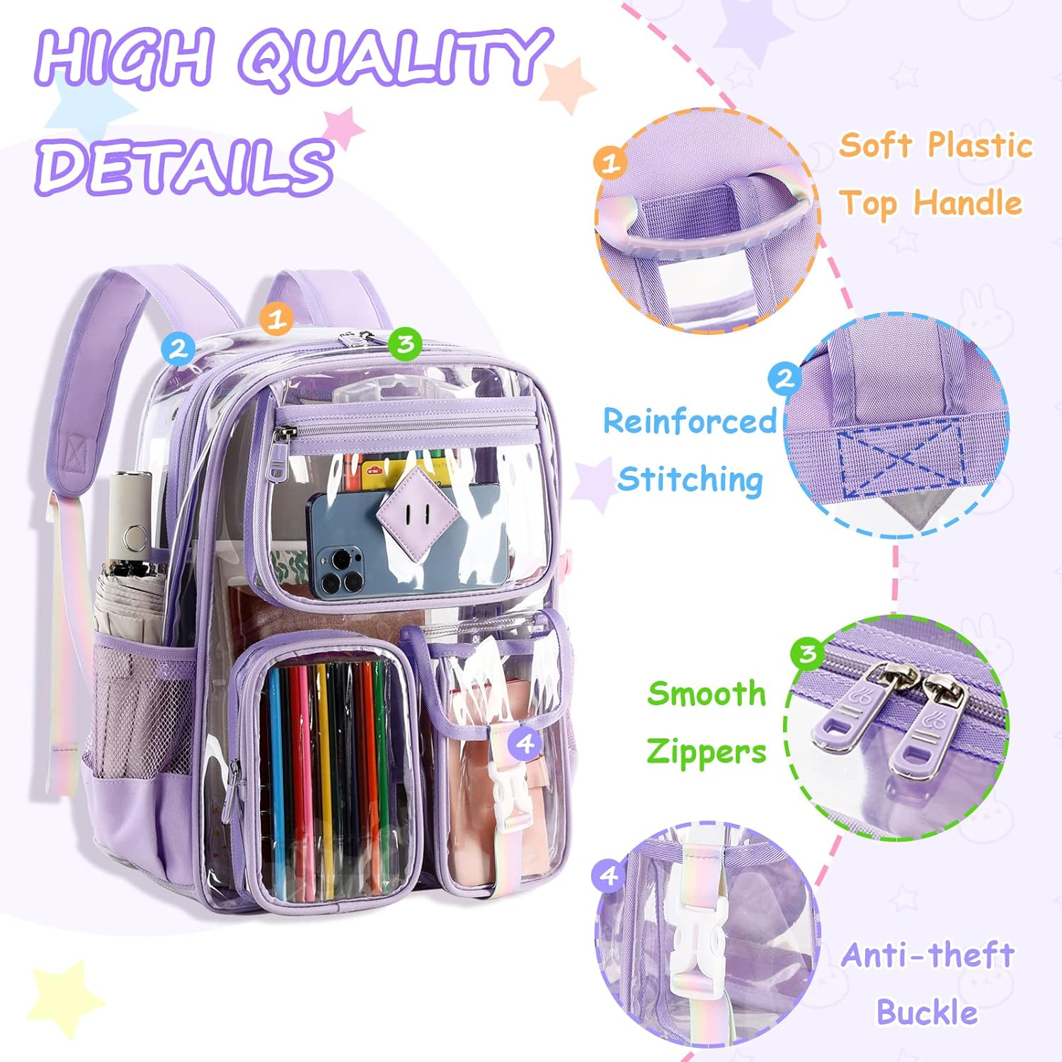 Clear Backpack for School,Heavy Duty PVC Transparent Bookbag for Girls Stadium Approved See through Backpack image number 3