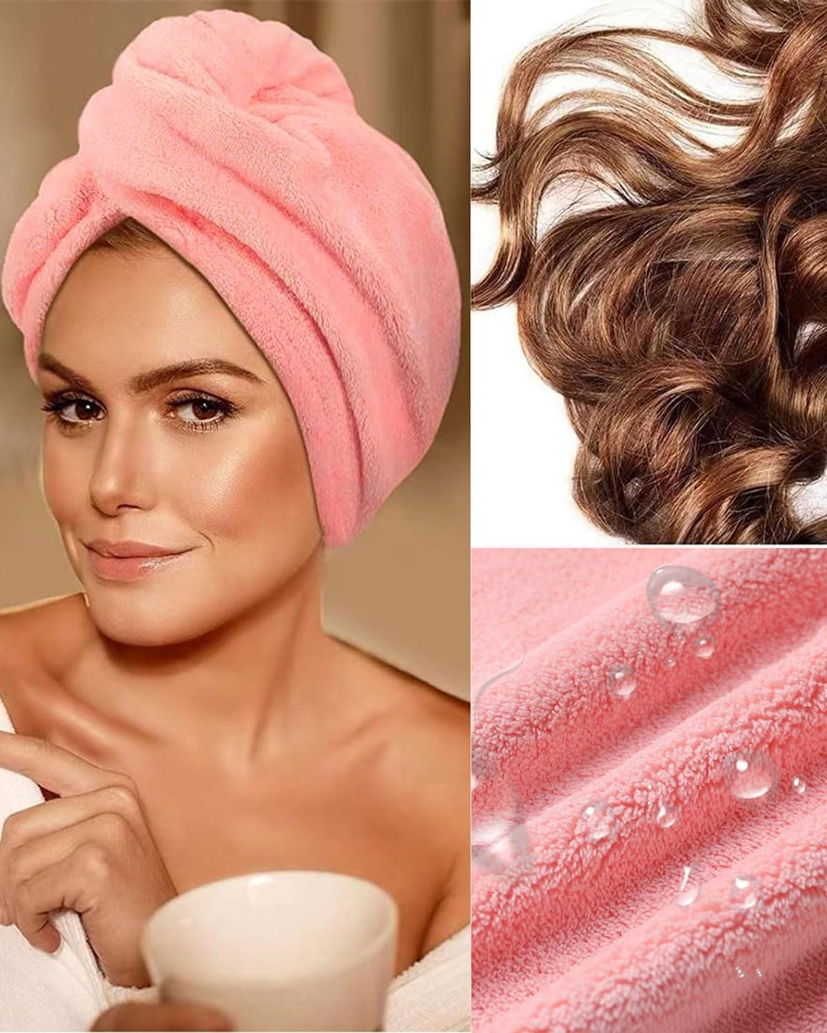 KEMUZ 1 X Microfibre Hair Towel, Super Absorbent Hair Turban for Wet Hair, Turban Towel with Button, for Home, Travel, Gym (Pink) image number 2