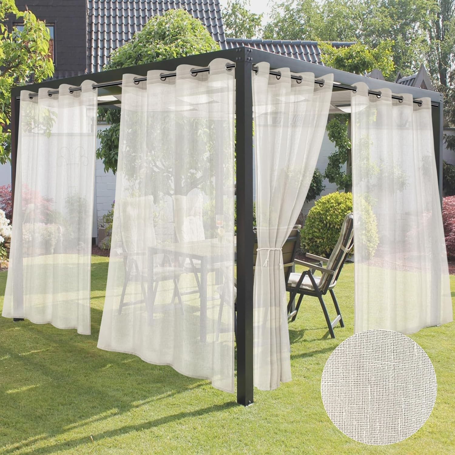 Holidayideas 4 Panels Outdoor Curtains for Patio-Natural Linen Semi Sheer Curtains for Patio Waterproof, Privacy Sun Light Indoor outside Drapes for Gazebo, Pergola, Balcony, Pool, Backyard 54X95 Inch