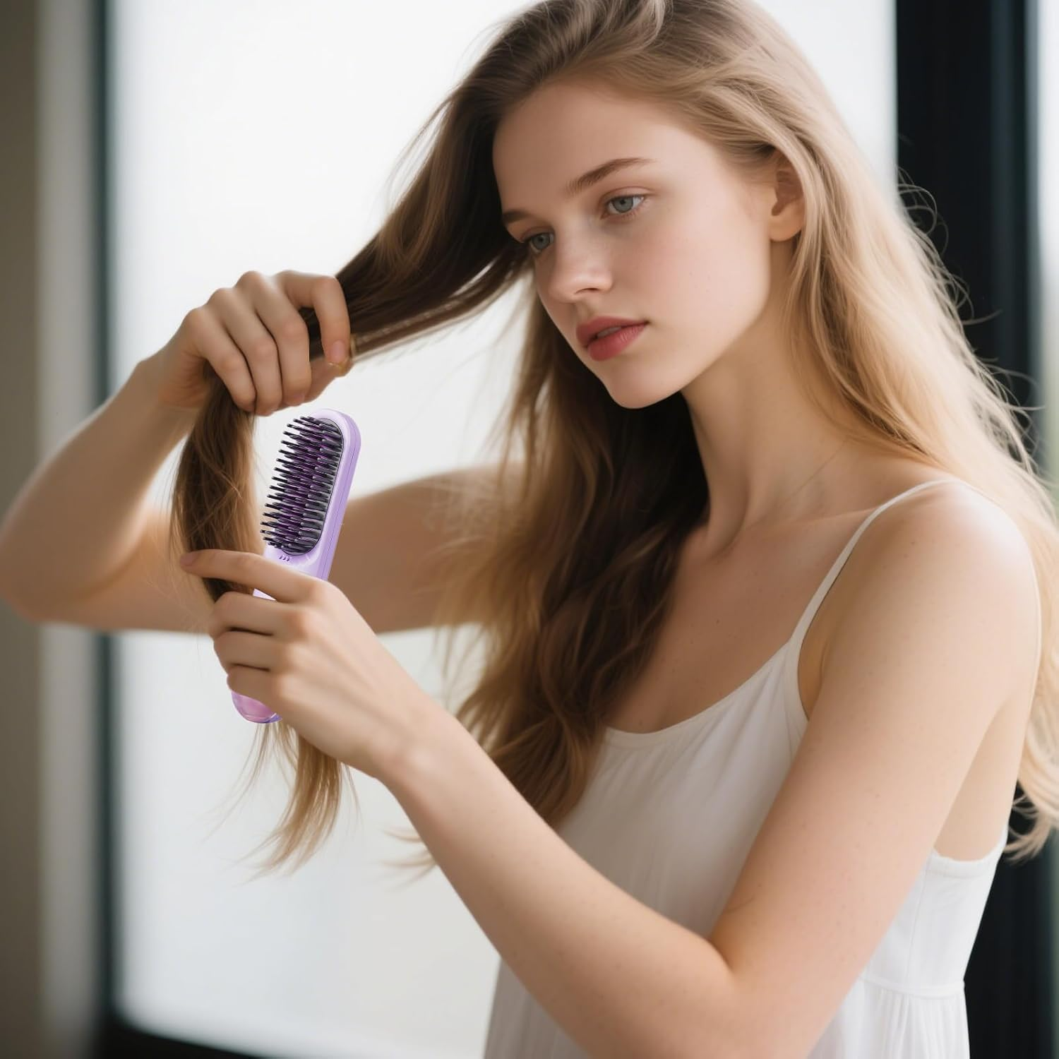 Qkbuza Travel Hair Straightener | Multifunctional Curler Brush | 2-In-1 Temperature Adjustable Quick Styling Cordless Hair Straightener Brush for Home - Pink image number 2