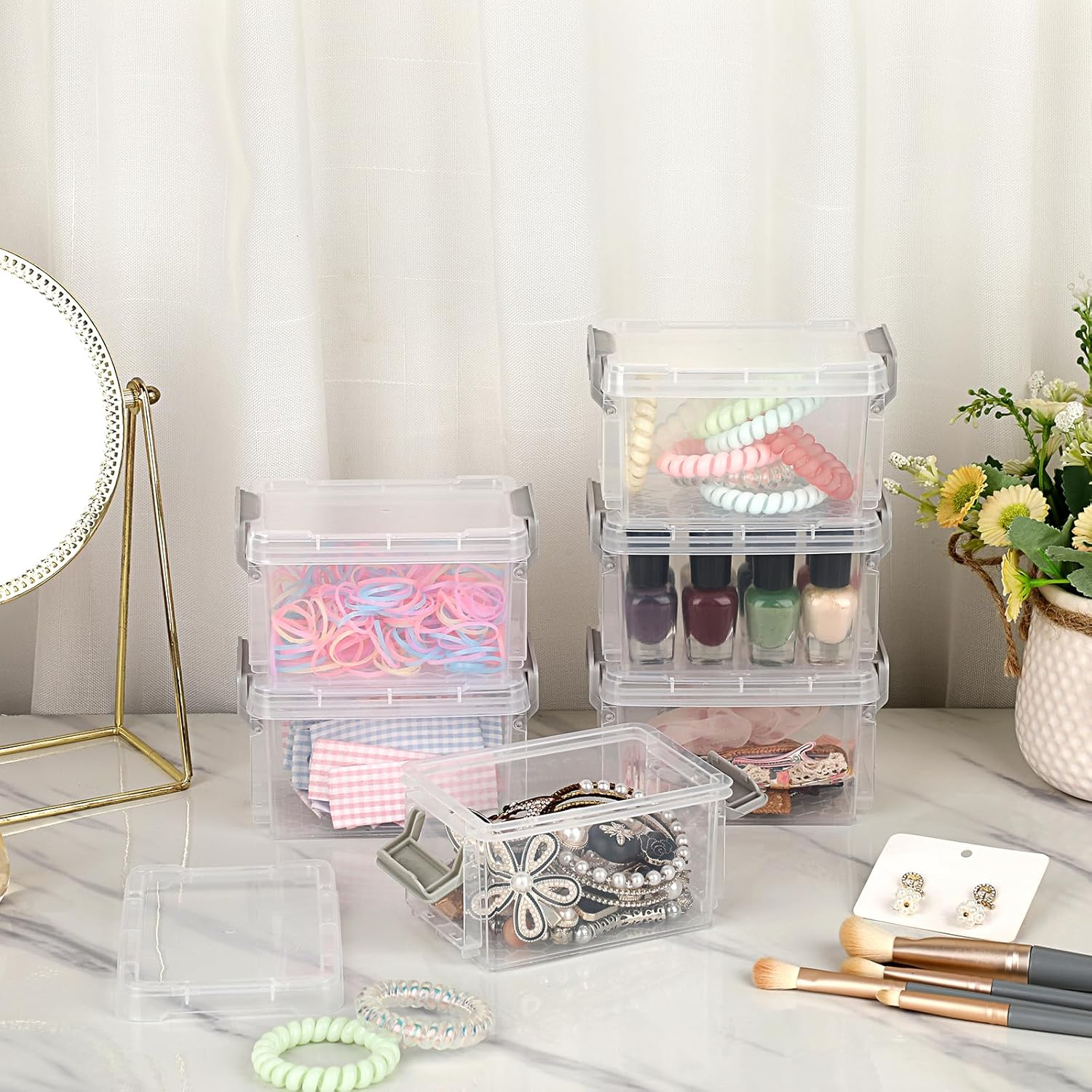 OGA 10 Small Transparent Storage Boxes, Plastic Organiser with Lid, Stackable Storage Containers for Office Supplies, Stationery, Craft Accessories, Hardware 12 X 8 X 7 Cm (Boxes Only) image number 2