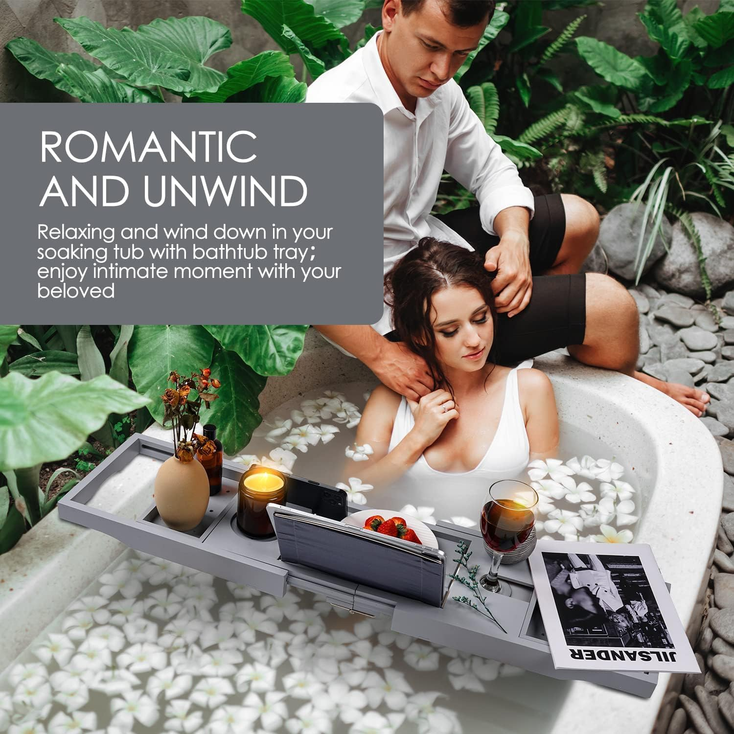 Bathtub Caddy Tray for Tub, Premium Expandable Bamboo Bath Tub Tray Table with Wine Glass Holder Book Phone Tablet Holder, House Warming Gifts, Anniversary and Wedding Gifts (Grey) - Grey image number 2
