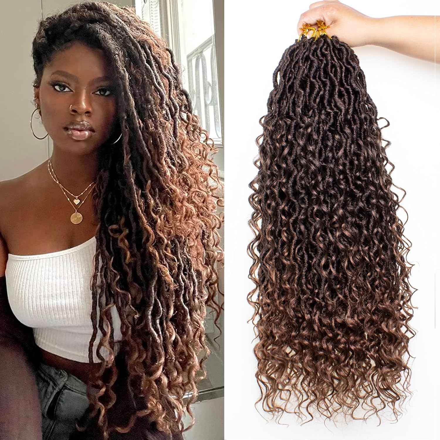 Mscat 14 Inch 8 Packs Ombre River Goddess Faux Locs Crochet Hair Wavy with Curly Ends Pre-Looped River Locs Synthetic Crochet Braiding Bohemian Faux Locs Hair Extensions (14 Strands/Pack T27#) image number 5