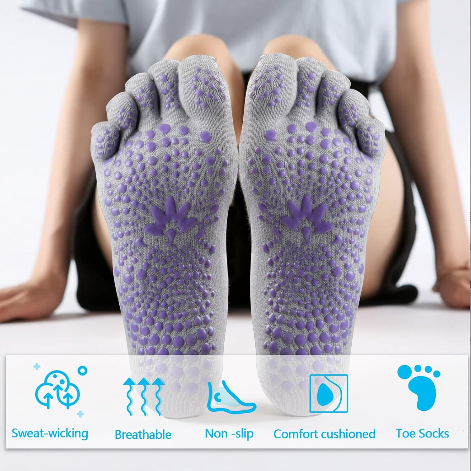 2 Pairs Anti-Slip Socks for Men and Women, Non-Slip Yoga Socks with Toes, Non-Slip Sports Socks for Home, Cotton Toe Socks for Pilates Barre Dance Hospital, Black + Gray