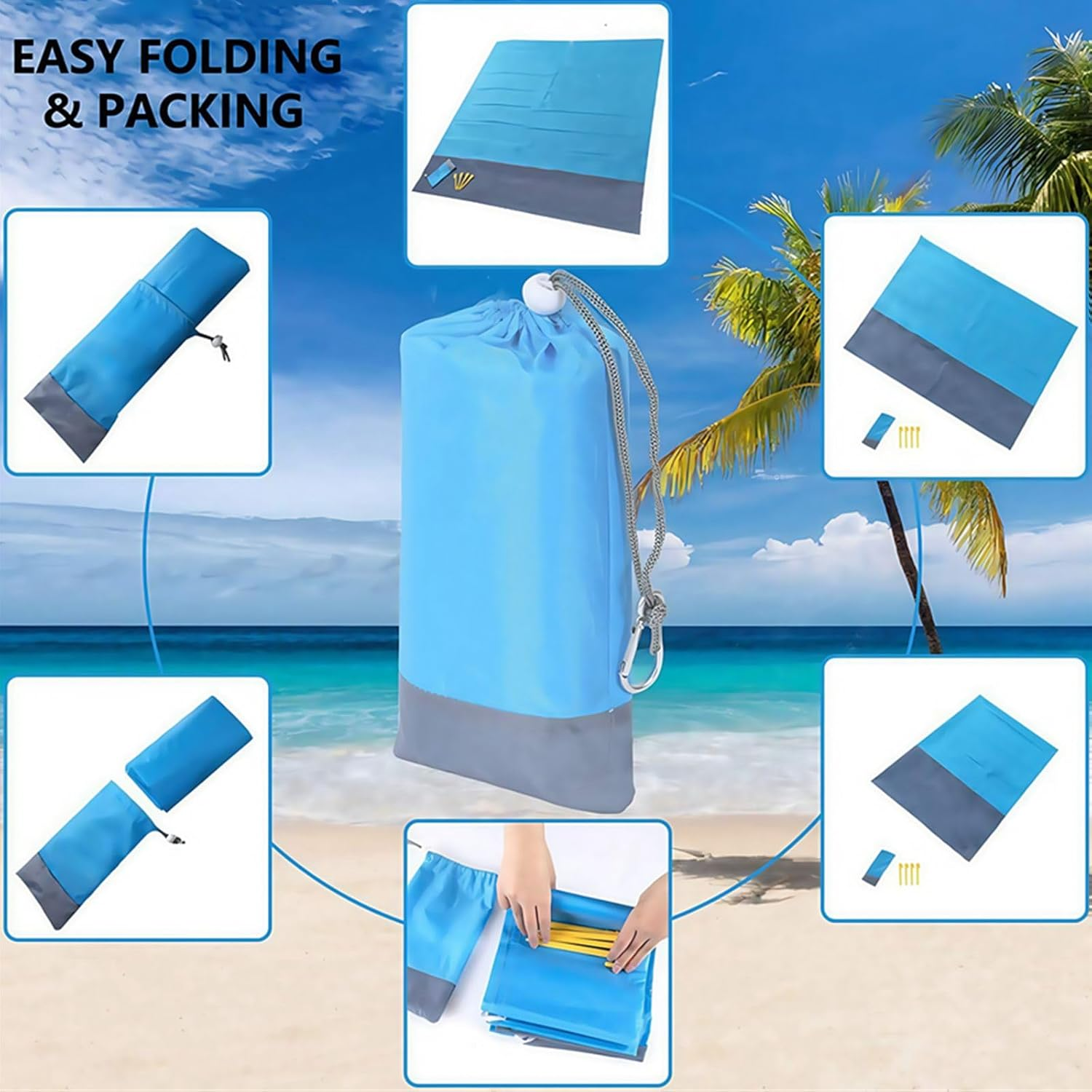 Extra Large Waterproof Picnic Blanket ： Beach Mat, Outdoor Camping Mat &ndash; Foldable, Portable, Sandproof, Tear-Resistant with Carry Bag for Family & Travel (Blue) - Blue image number 5