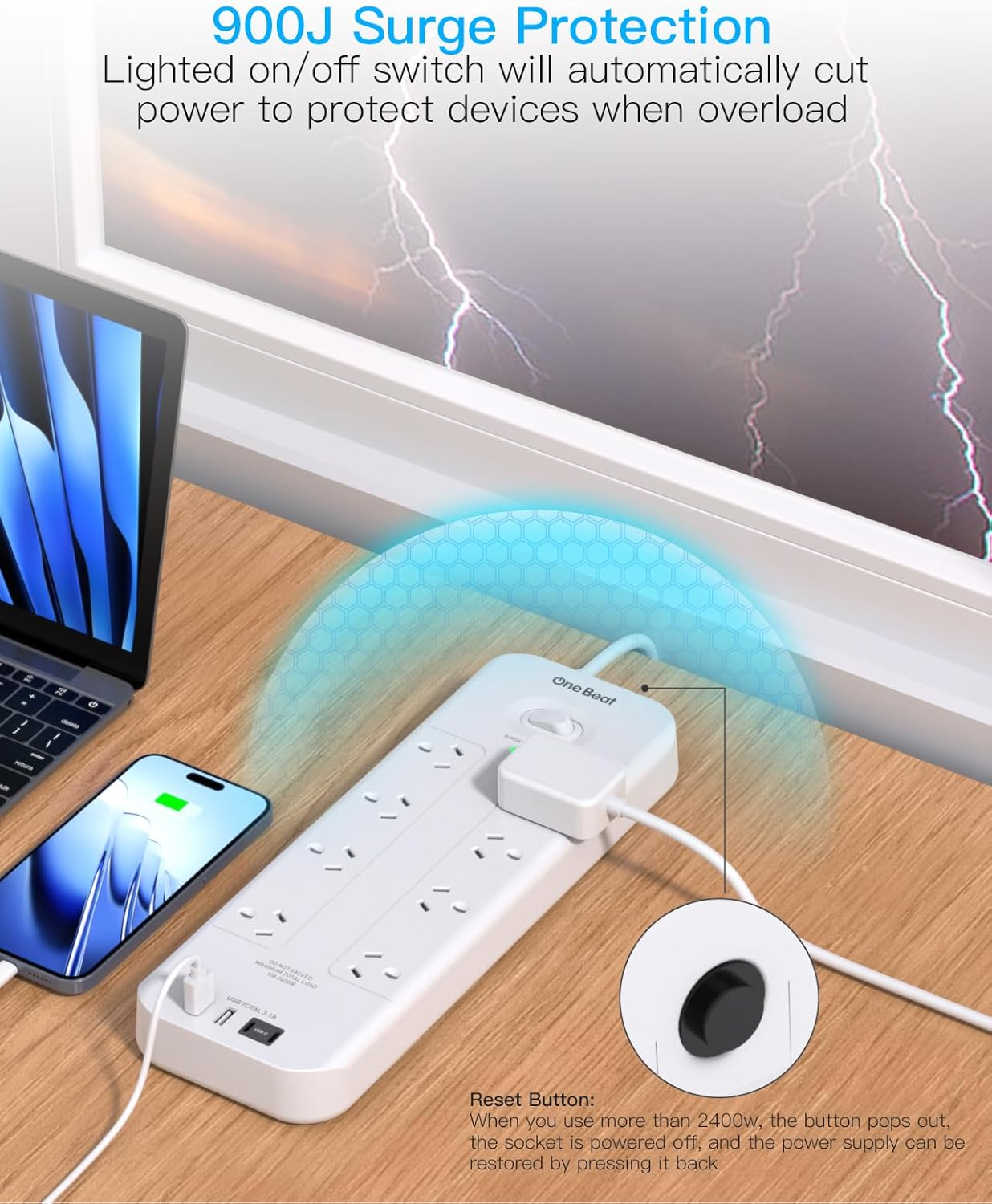 Power Board Surge Protected, 8 Widely Outlets with 4 USB Ports(2 USB a 2 USB C Charging Port), USB Power Board with 2M Extension Cord, 900J Surge Protection, Flat Plug, Wall Mount for Home Office