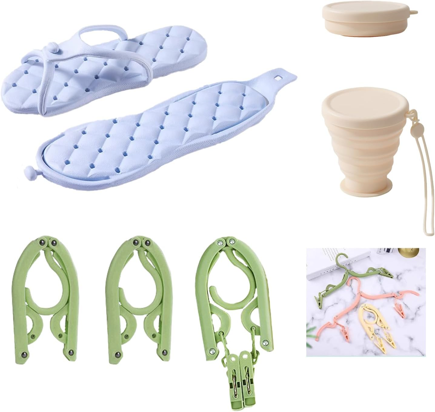 YFBXIZHOU Travel Portable Folding Set(5 in 1)-1 Pair Shower Shoes Slippers for Women or Men&1 PCS Silicone Cups with Sealing Lid&3 PCS Clothes Hangers Reusable for Picnic Camping Outdoor Hiking (L) image number 2
