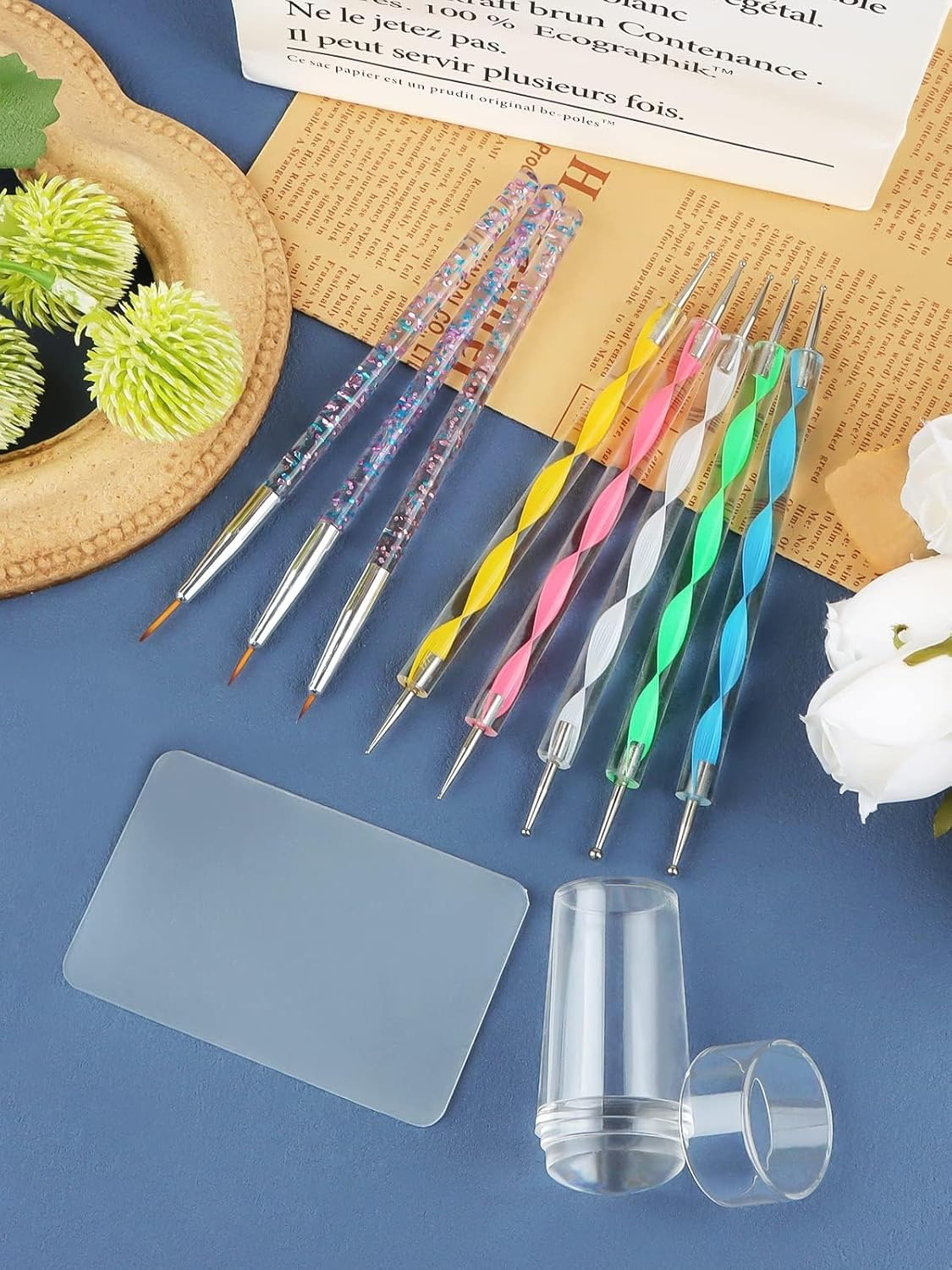 Kalolary Silicone Nail Stamper Set, French Tip Nail Stamp Jelly with Scraper, 3PCS Nail Detail Brush Set Nail Art Brush Pen, 5PCS Nail Dotting Pen, French Tip Nails Art Design Manicure Tools image number 1