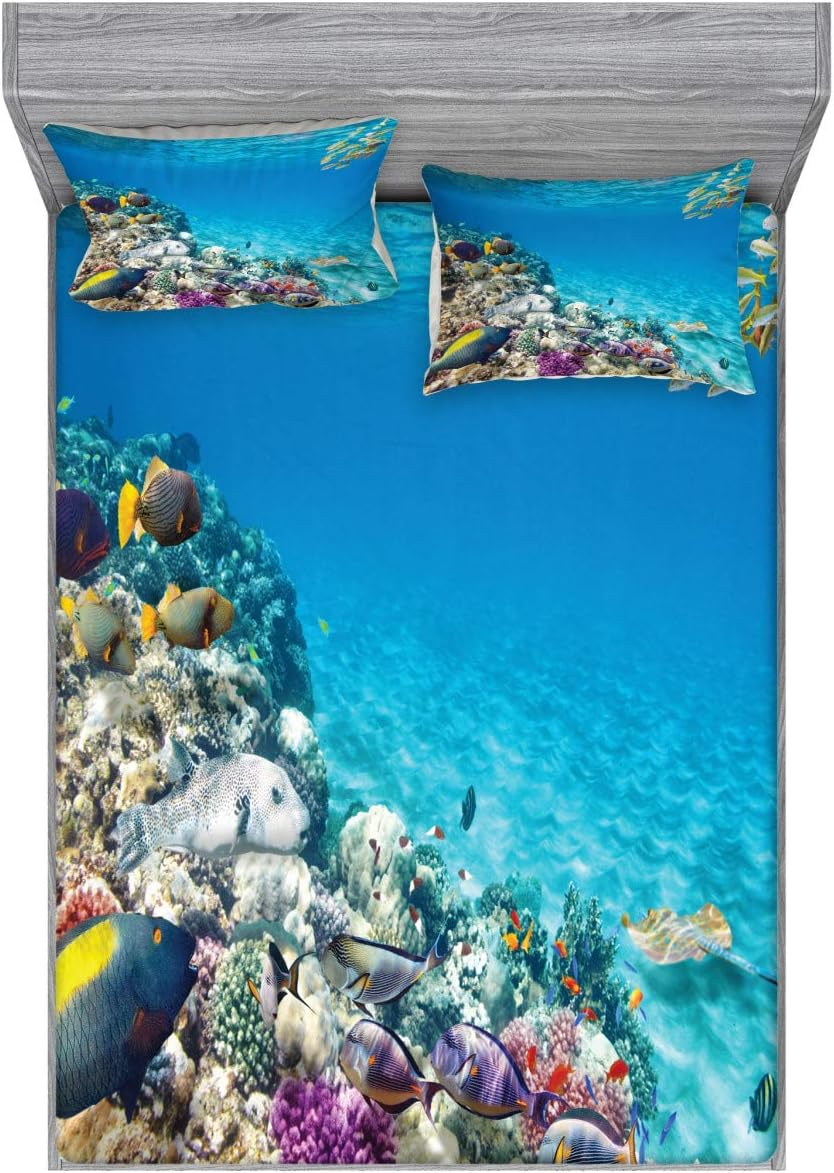 Lunarable Ocean Fitted Sheet & Pillow Sham Set, Clear Underwater Sea Life Animal World Corals Tropical Fishes and Stingray, Decorative Printed 3 Piece Bedding Decor Set, Full, Purple Aqua