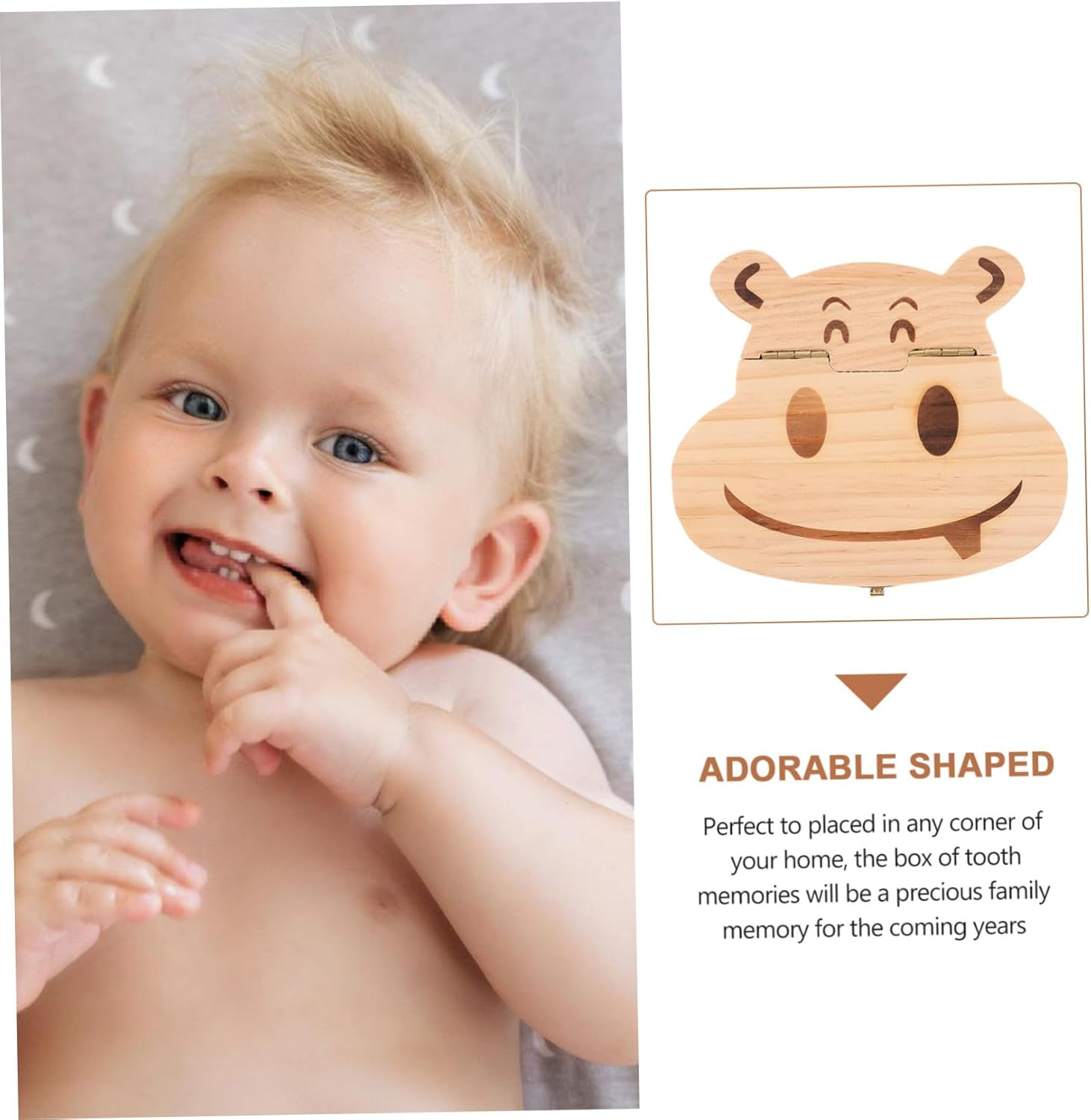 Vaguelly Baby Teeth Keepsake Box Wooden Organizer Small Cartoon Hippo Design Boys and Girls Tooth Holder Souvenir Storage Container for Newborns and Children image number 6