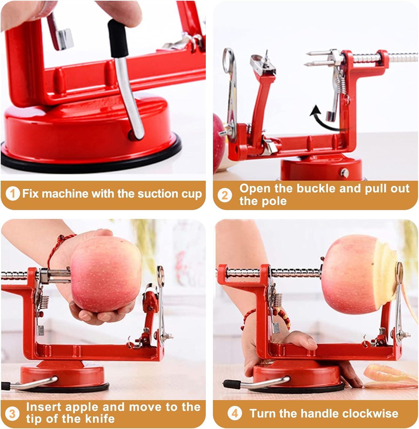 Apple Peeler Slicer Corer with Stainless Steel Blades and Powerful Suction Base for Apples Pears Potatoes(Red)