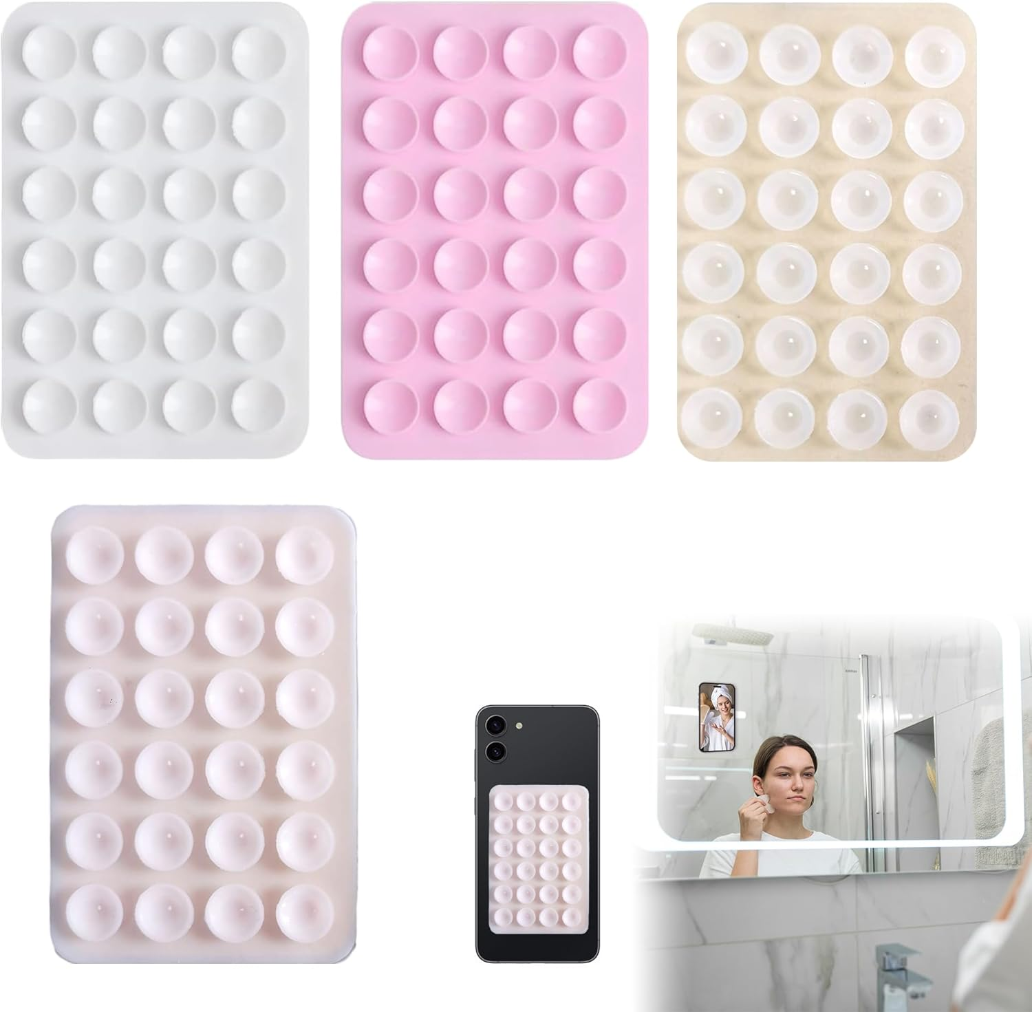 Octobuddy 4 Pack Silicone Suction Phone Case Mount Sticky Phone Grip Suction Holder for Wall Multipurpose Grip Holder for Wall (Transparent White Pink Light Pink) image number 4