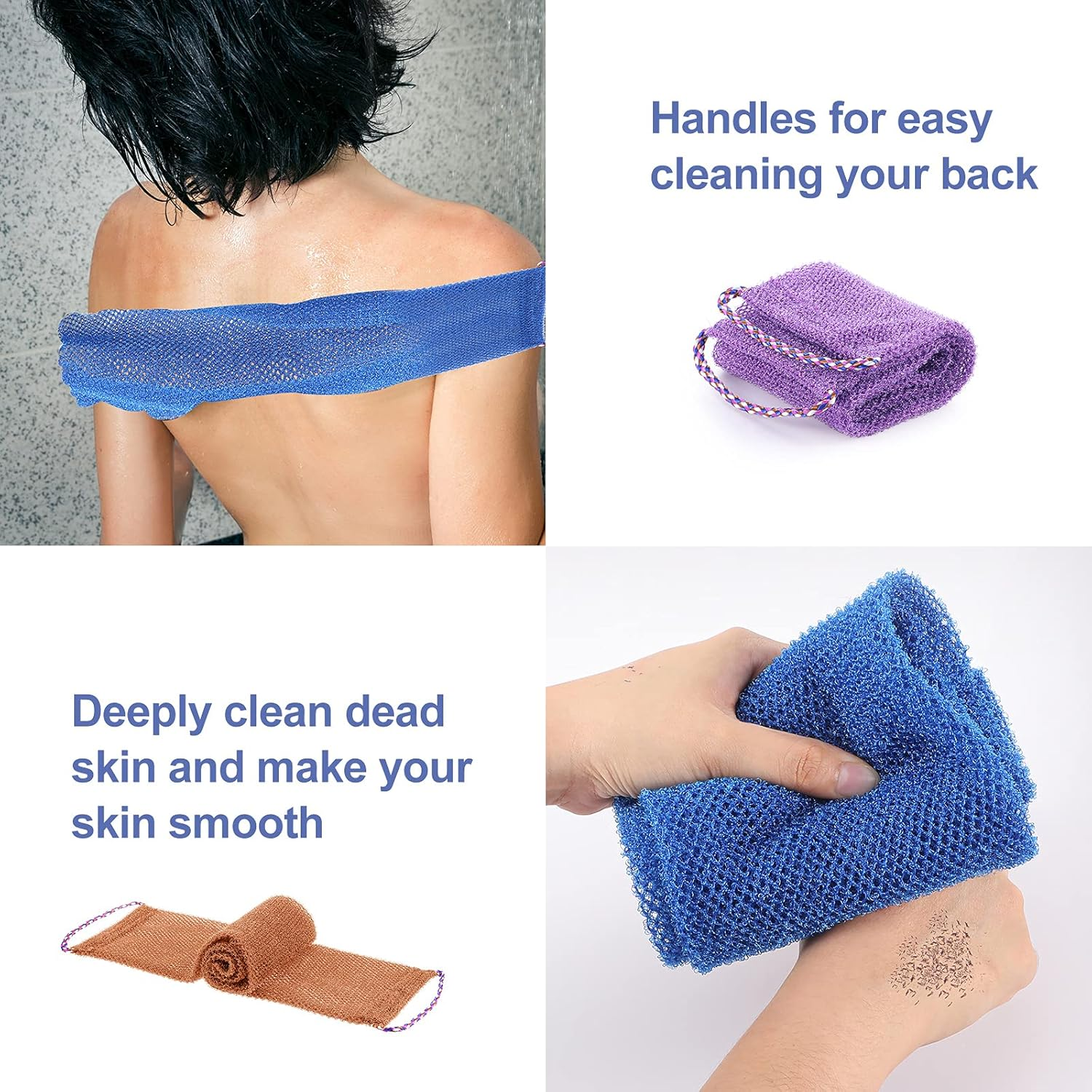 Tegeme 3 Pieces African Net Sponges Back Scrubbers Bathing Exfoliating Smoother Long Nylon Net Body Shower Loofahs Cloth with Pull Strap for Women Men Daily Handles Washcloth Wash Purple Blue Coffee
