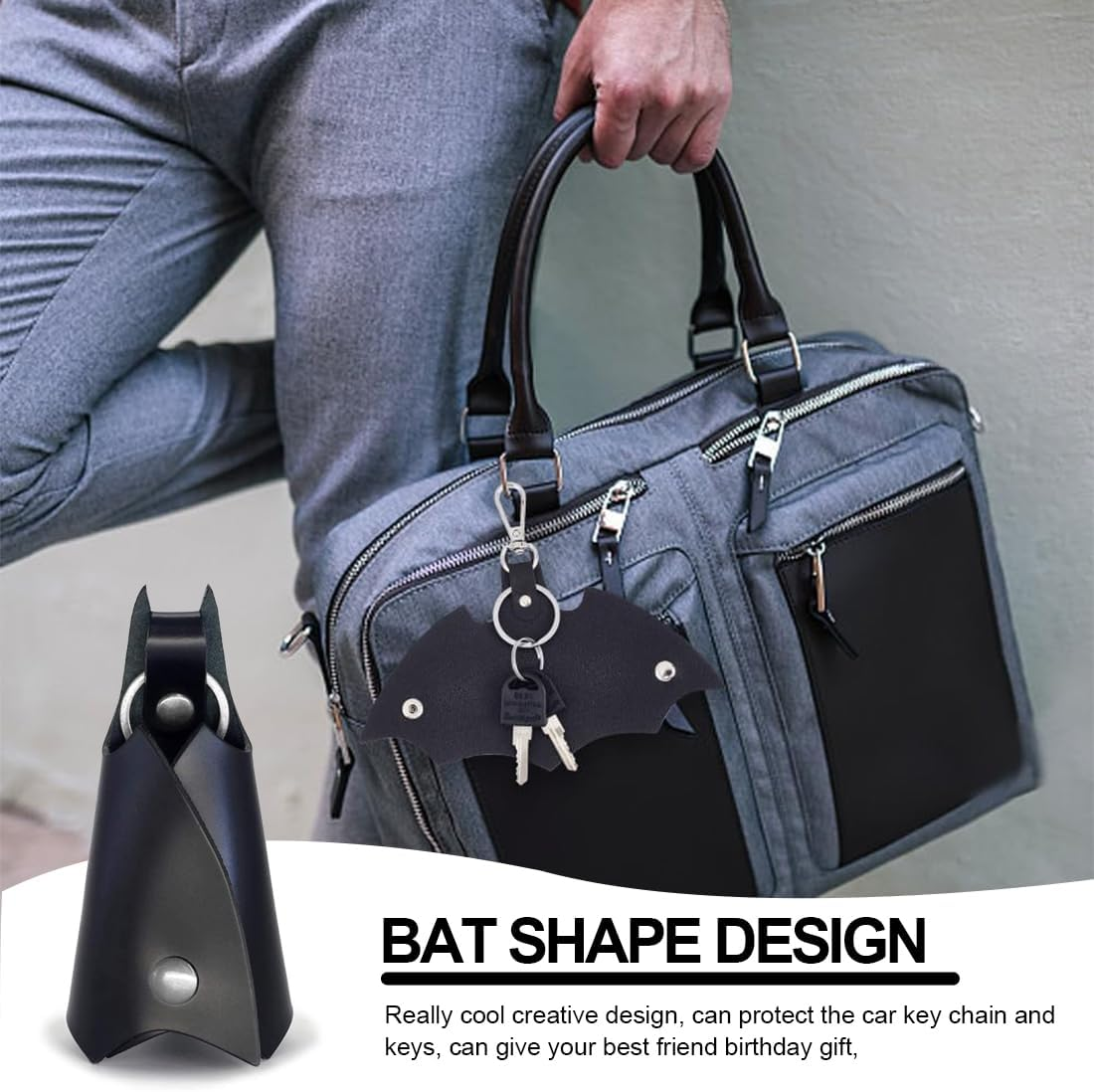 2 Pieces Bat Shaped Car Keychain, Creative Motorcycle Keychain, PU Leather Keychain, Personalized Keychain, Women Man, Key Holder Car Accessories, Black image number 4