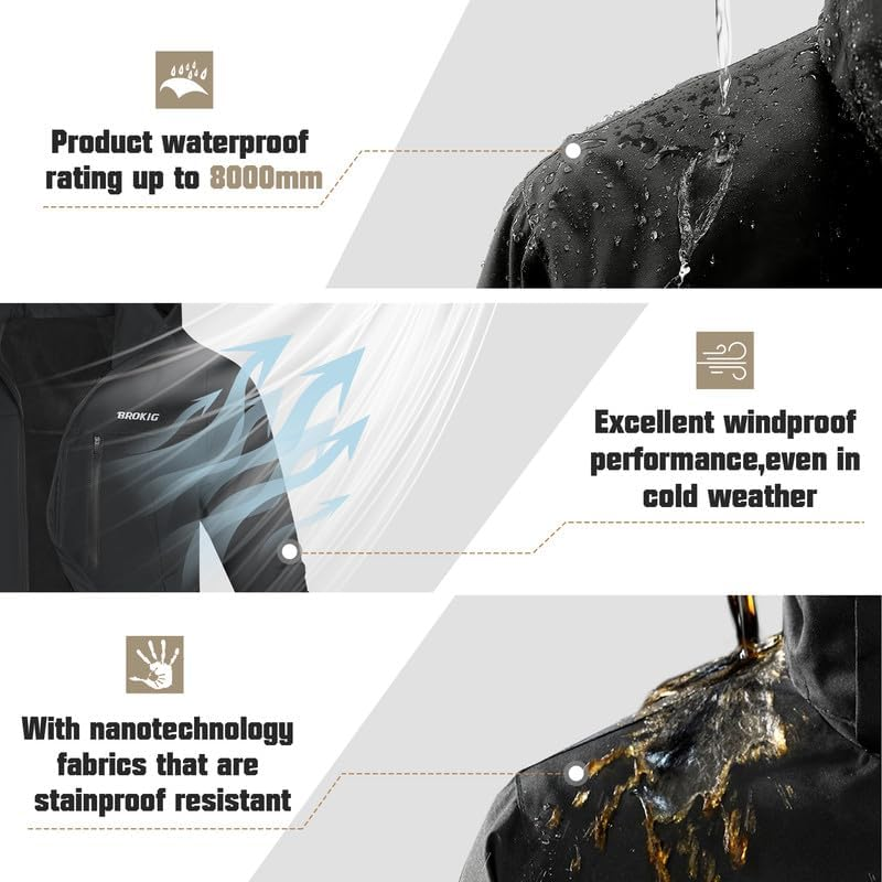 BROKIG Mens 3PT Hiking Softshell Jacket,Windbreak Waterproof Casual Functional Traveling Walking Coat Outdoor Jacket with Hood Zipped Pockets image number 6