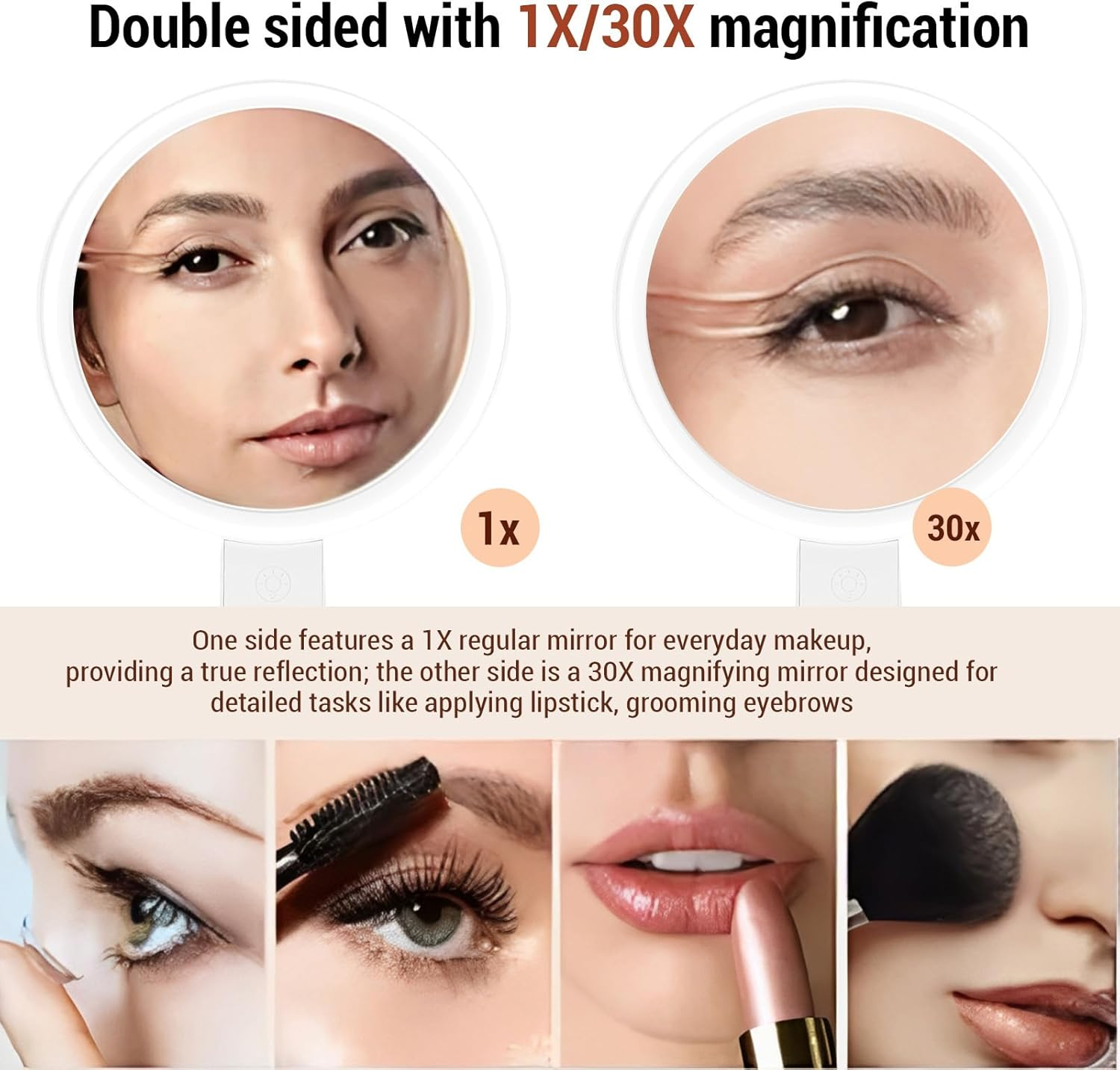 TARSHYRY LED Lighted Makeup Mirror Tabletop, Handheld Magnifying Makeup Mirror, Double Sided 30X/1X LED USB Rechargeable 3 Color Temperature, Foldable for Travel (White)