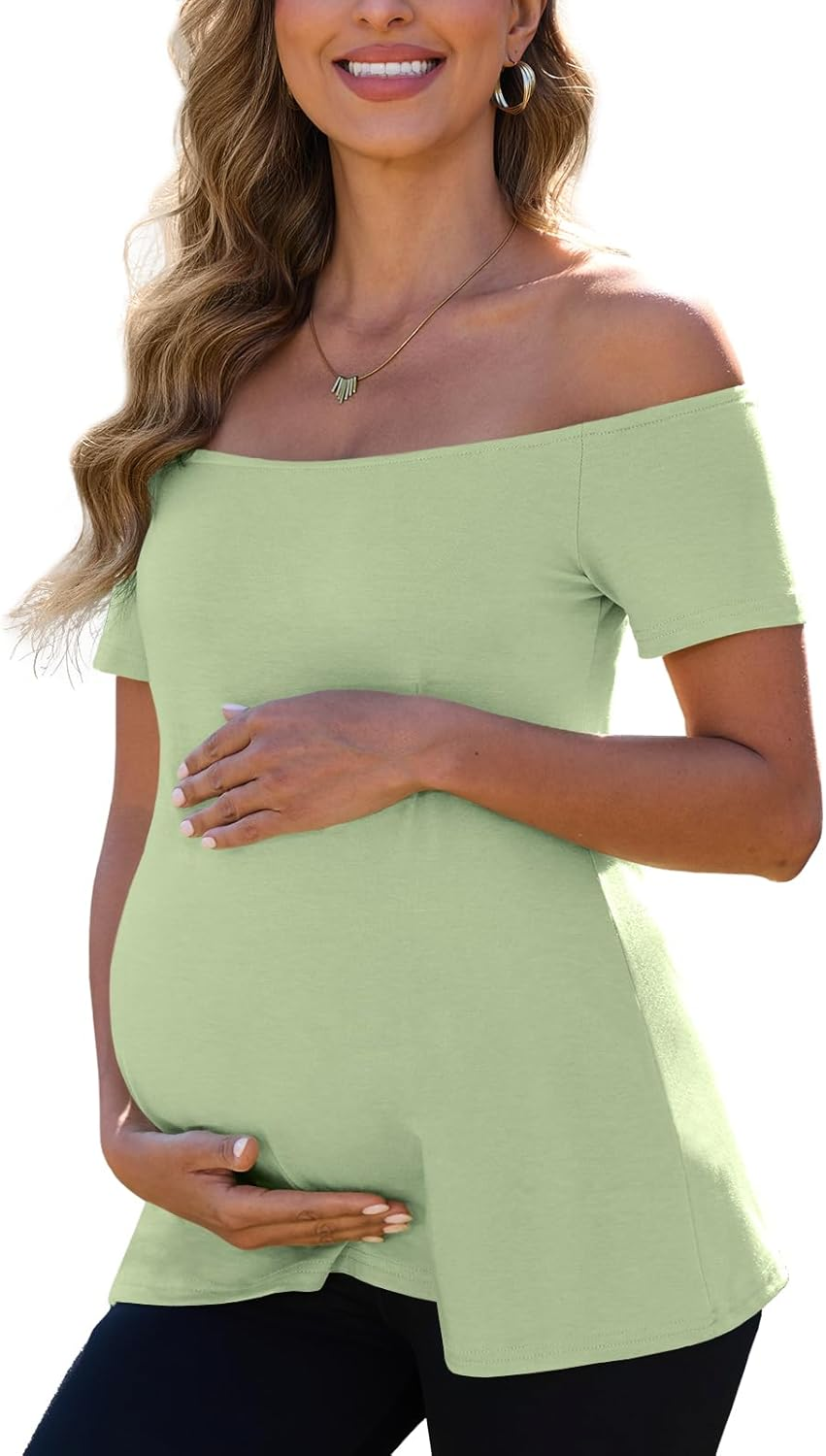 Women'S off the Shoulder Maternity Tops 2025 Trendy Summer Short Sleeve T Shirts Slim Pregnancy Shirts