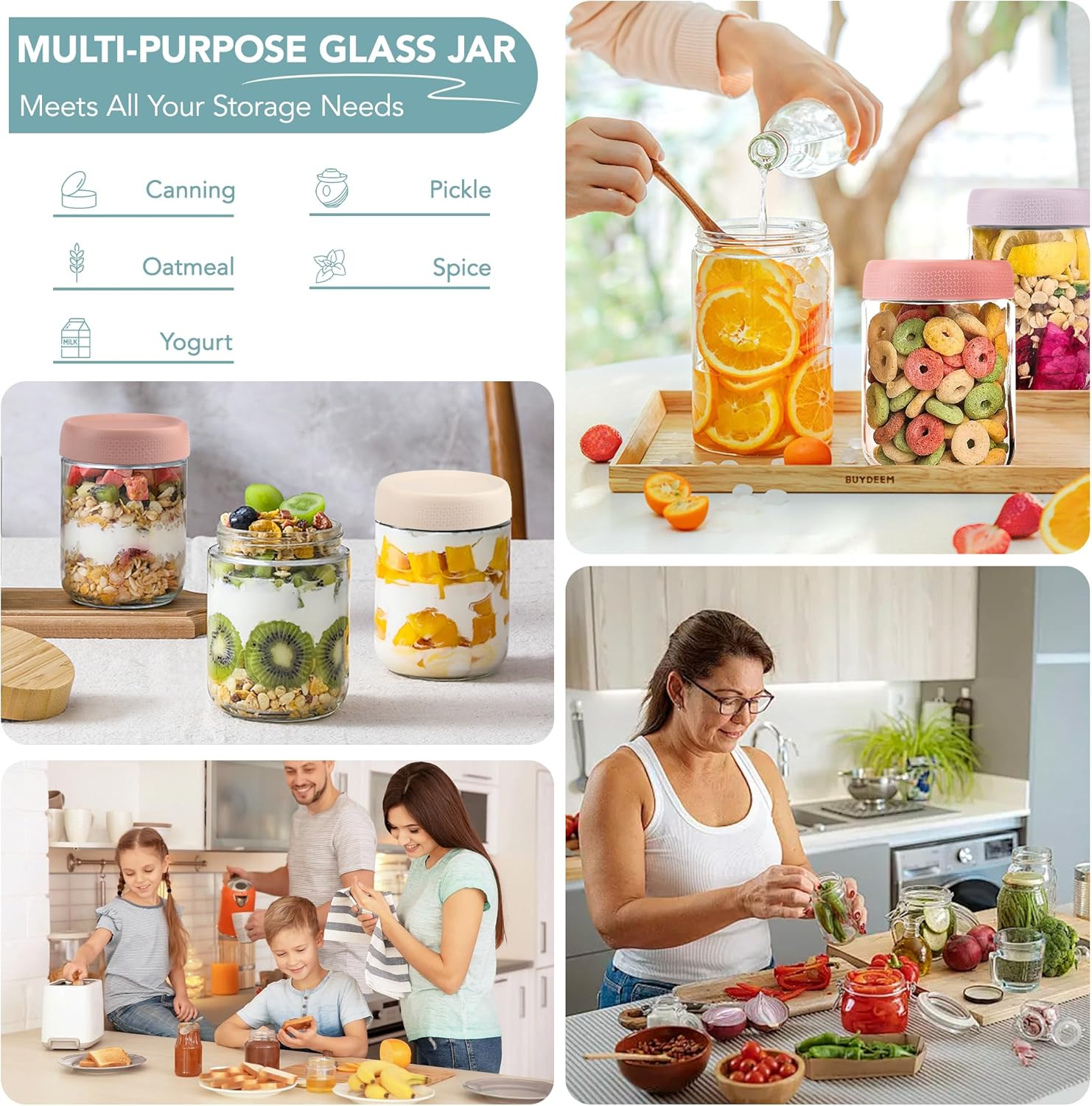 6-Pack Overnight Oats Containers with Lids, 473Ml/16Oz Clear Glass Jars with Airtight Lids, Wide Mouth Mason Jars, Food Storage Containers for Meal Prep Chia Spice Cereal Snacks Yogurt Salad Sugar image number 4