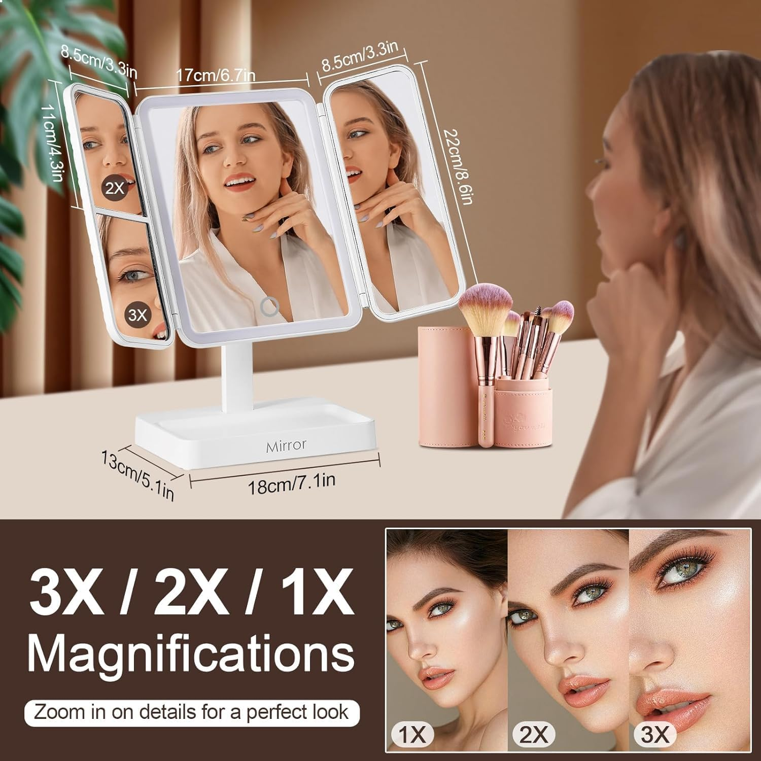 Vanity Mirror with Lights & 2X/3X Magnification &ndash; Touch Control Tri-Fold LED Makeup Mirror | 3 Color Modes, USB Rechargeable (White, Perfect Women&rsquo;S Gift) image number 2