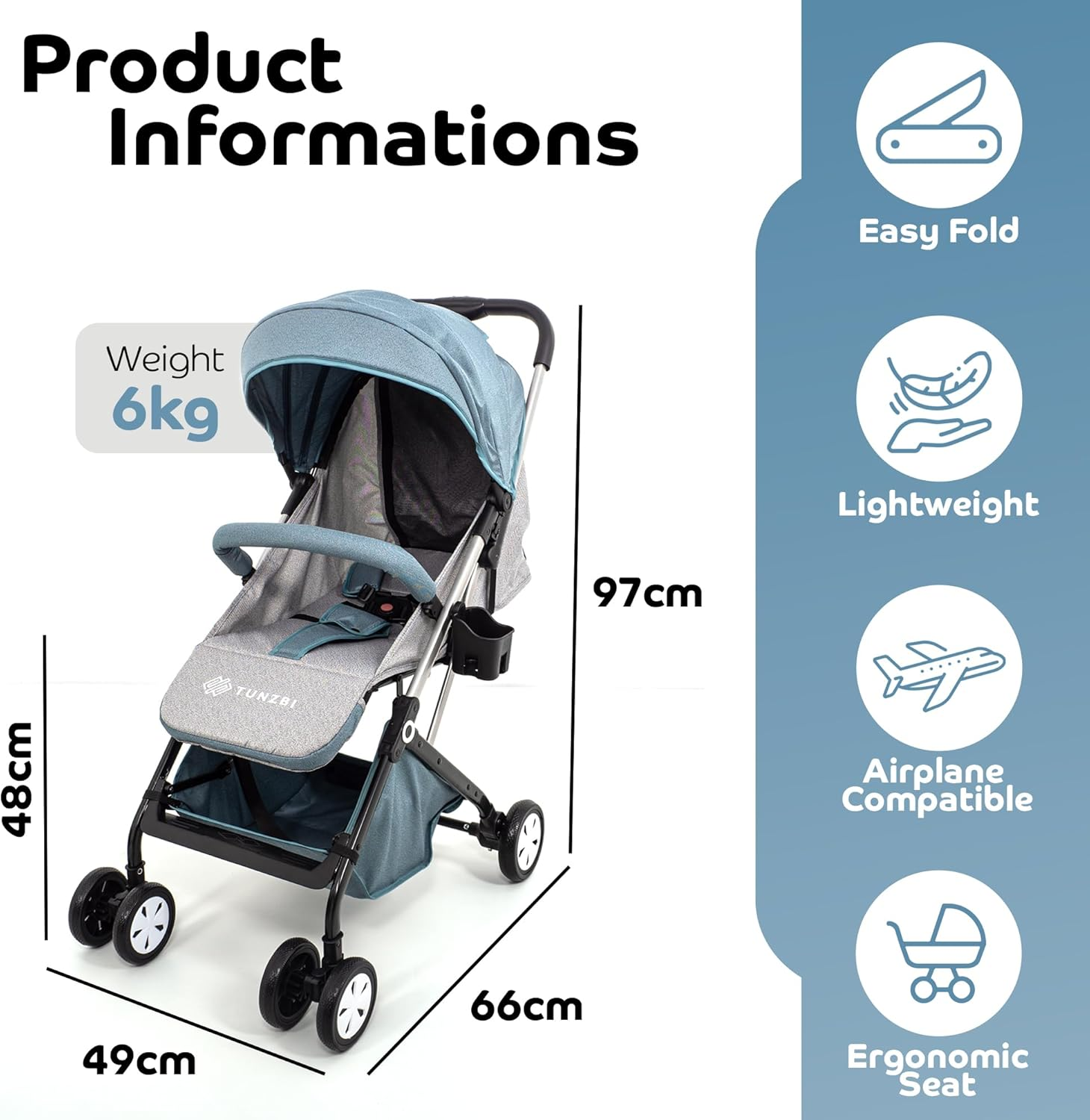 Travel Stroller, Ultra Lightweight One-Hand Compact Foldable Baby Travel Pram & Stroller with Adjustable Built in Carry Strap and Cup Holder, Easy Carry with Adjustable Suitcase Handle (Green) image number 3